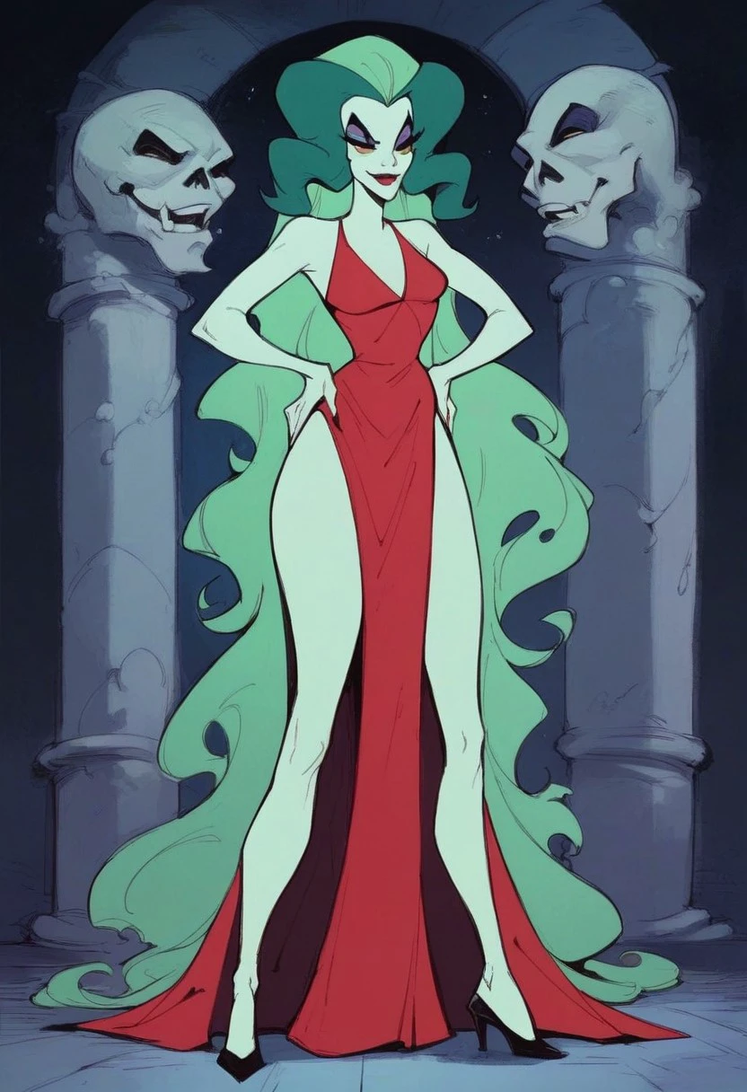 score_9_up, score_8_up, score_7_up, score_6_up, solo, apparitia, female ghost, long veil, green hair, red dress, high heels, standing in a (spooky old mansion), hands on hips, sexy smile, (painted art)