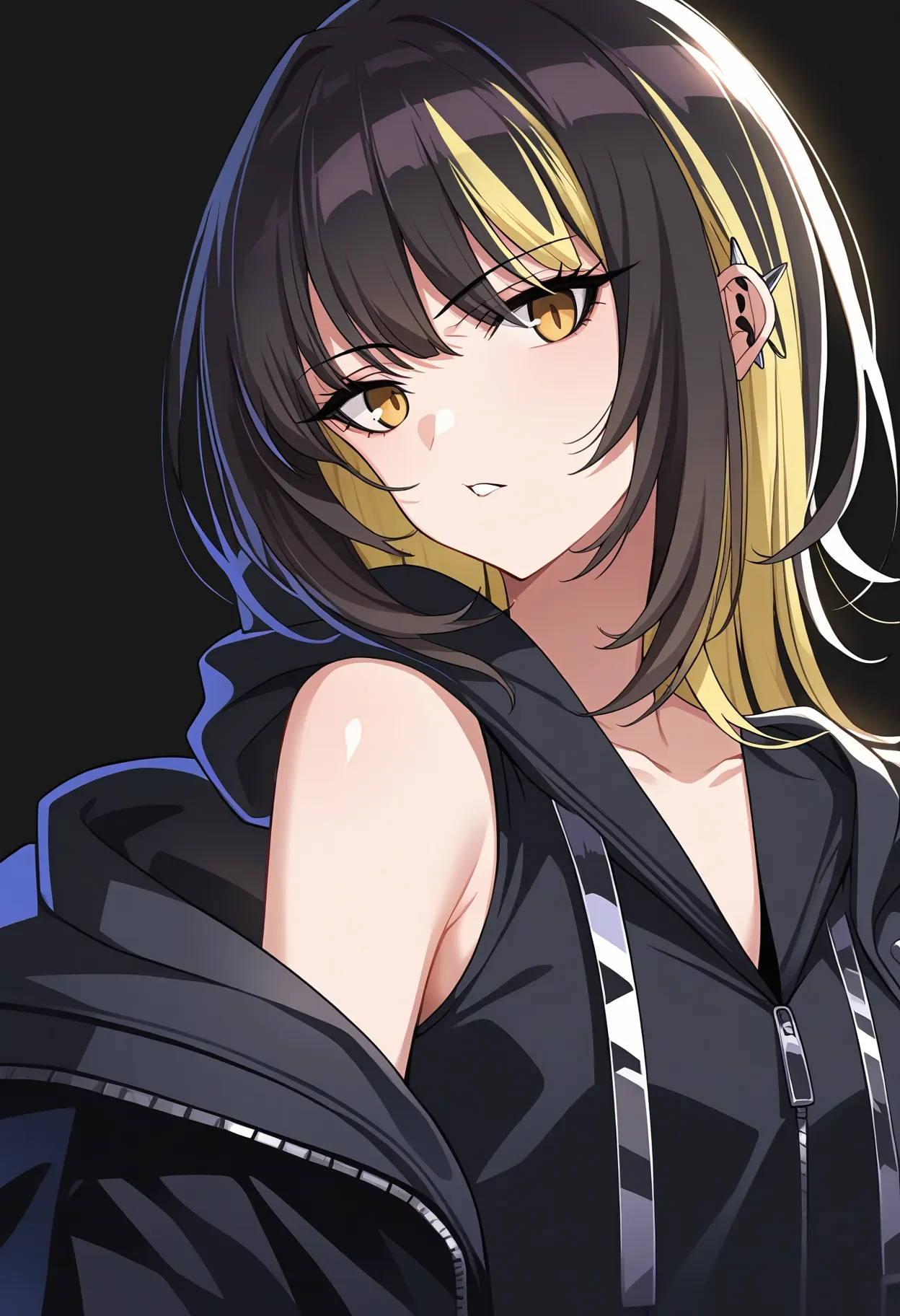 l_ikaruga, score_9, best quality,
1girl, solo, from side, blonde hair, multicolored hair, black hair, yellow eyes, black background, jacket, black nails, looking at viewer, black jacket, bangs, medium hair, two-tone hair, zipper, sleeveless, streaked hair, parted lips, hood, bare shoulders, long sleeves, shirt, off shoulder, collarbone, expressionless, angry
<lora:l_ikarugaXL_pony:1>