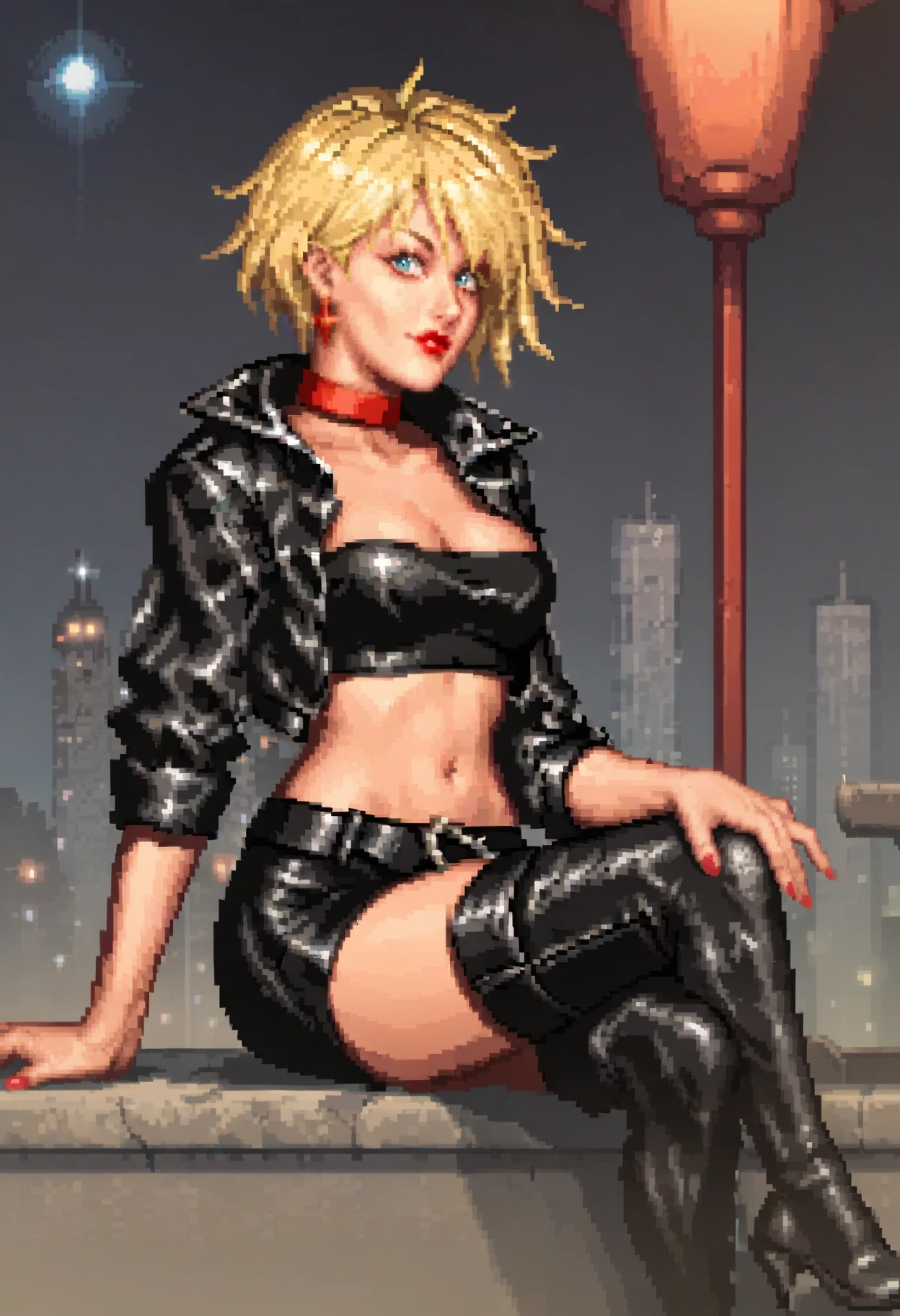 score_9, score_8_up, score_7_up, score_6_up, <lora:JulioraLuckyNWild:0.9>, JulioraLuckyNWild, blonde hair, yellow earrings, blue eyes, red lips, short hair, medium breasts, red nails,
red choker, leather jacket, open jacket, cleavage, black tube top, black belt, navel, midriff, black skirt, thigh boots, high heel boots,
pixel art, sitting, crossed legs, from side,
BREAK night, cityscape, night sky, city lights,