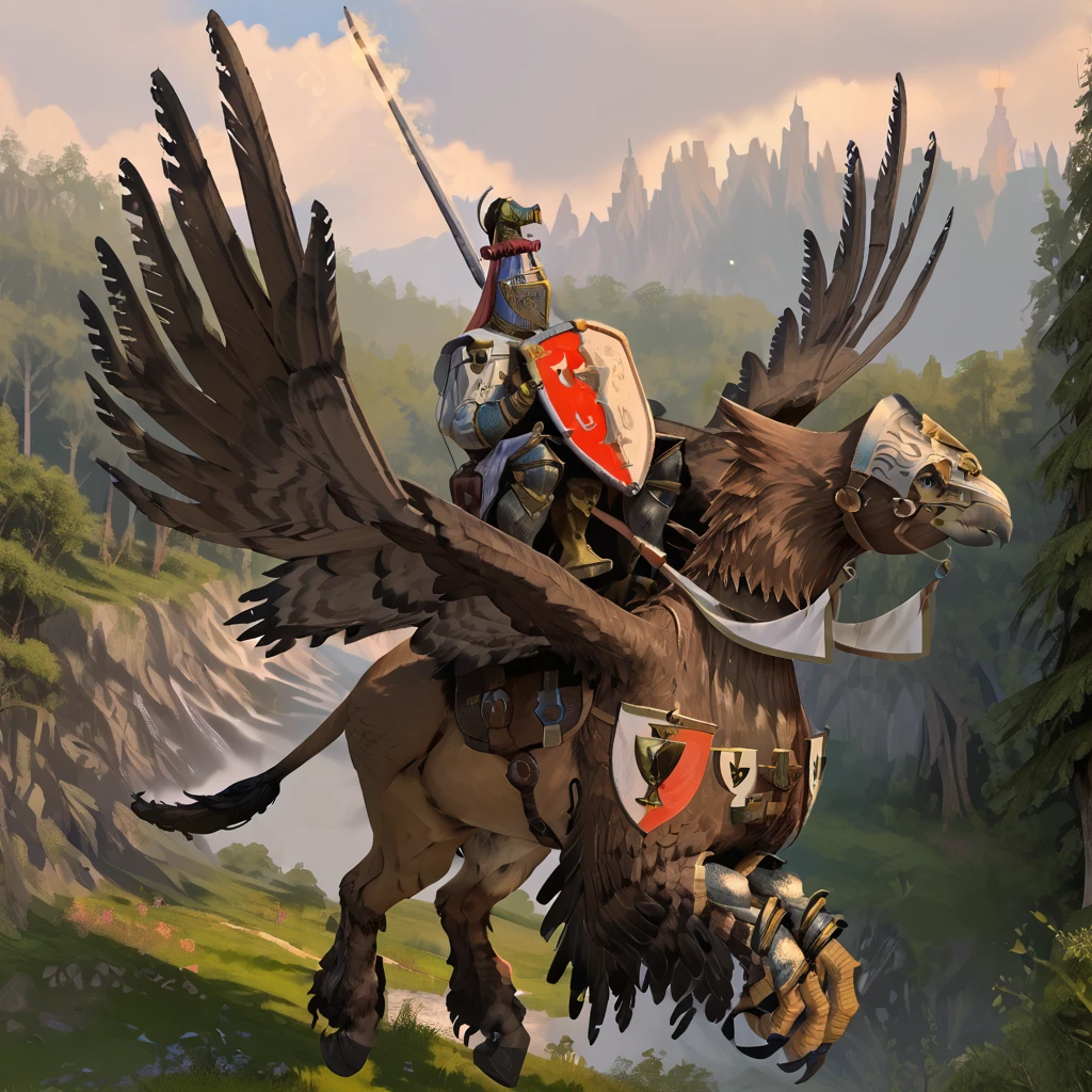 score_9, score_8_up, detailed, hires,
sky, forest,
royalhippogryphknight, flying, animal, hippogriff, feathered wings, talons, hooves, beak, eagle,
horseback riding, saddle, knight, helmet, holding shield, holding polearm, full armor,
<lora:Royal_Hippogryph_Knights_PonyXL:1>