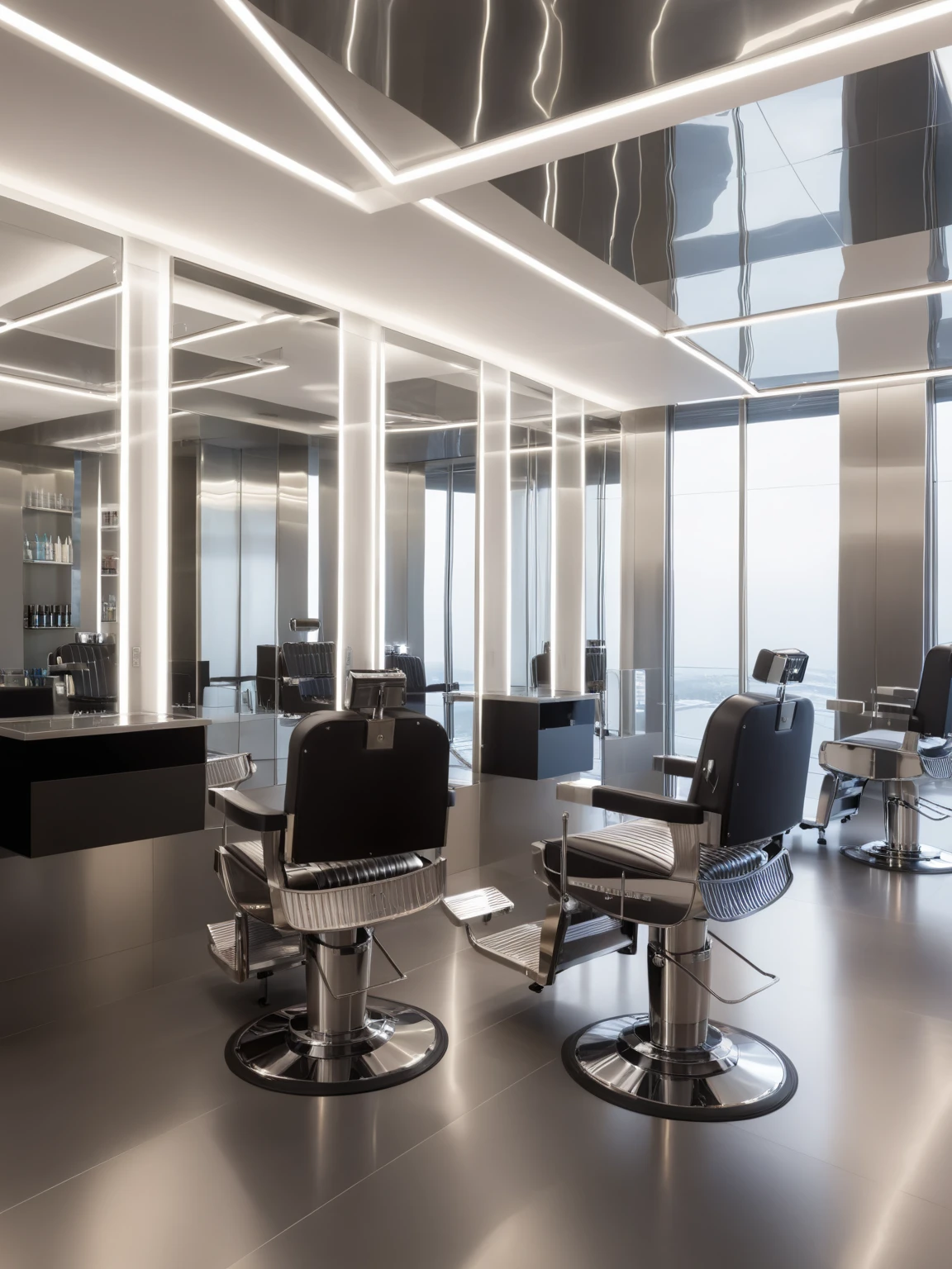 <lora:JJsBarbershop_XL:1>,((Barbershop)),  indoor,  chair, mirror, (masterpiece),(high quality), best quality, (realistic), , soft lighting, ceiling light,seats,highly detailed, no humans. 35mm photograph,no humans,  reflection, stainless,