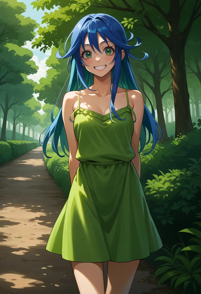 score_9, score_7_up, source_anime, BREAK <lora:AELime:0.8> AELime, blue hair, green eyes, long hair, green tree, outdoors, grin, arms behind back, leaning to the side, sleeveless dress, spaghetti strap,