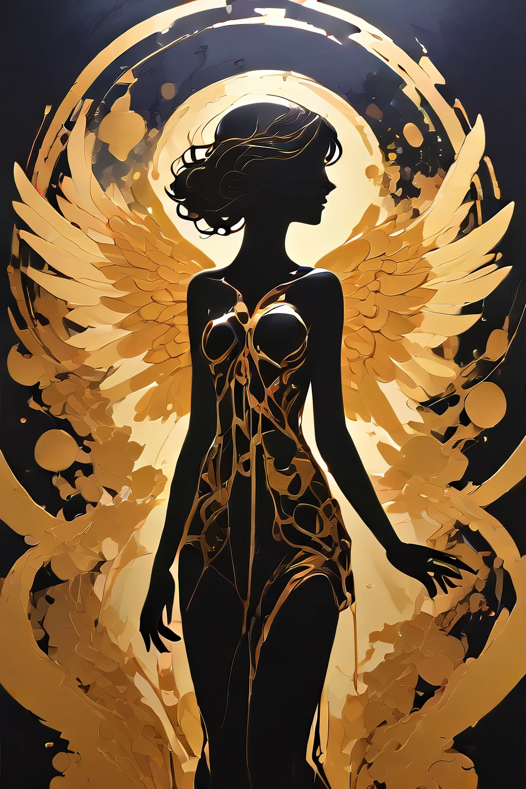 score_9,score_8_up,<lora:Turbo_XL:1>,<lora:Silhouette_with_Gold_Foil-05:1>,silhouette_with_gold_foil,abstract,silhouette of angel,wings,halo,