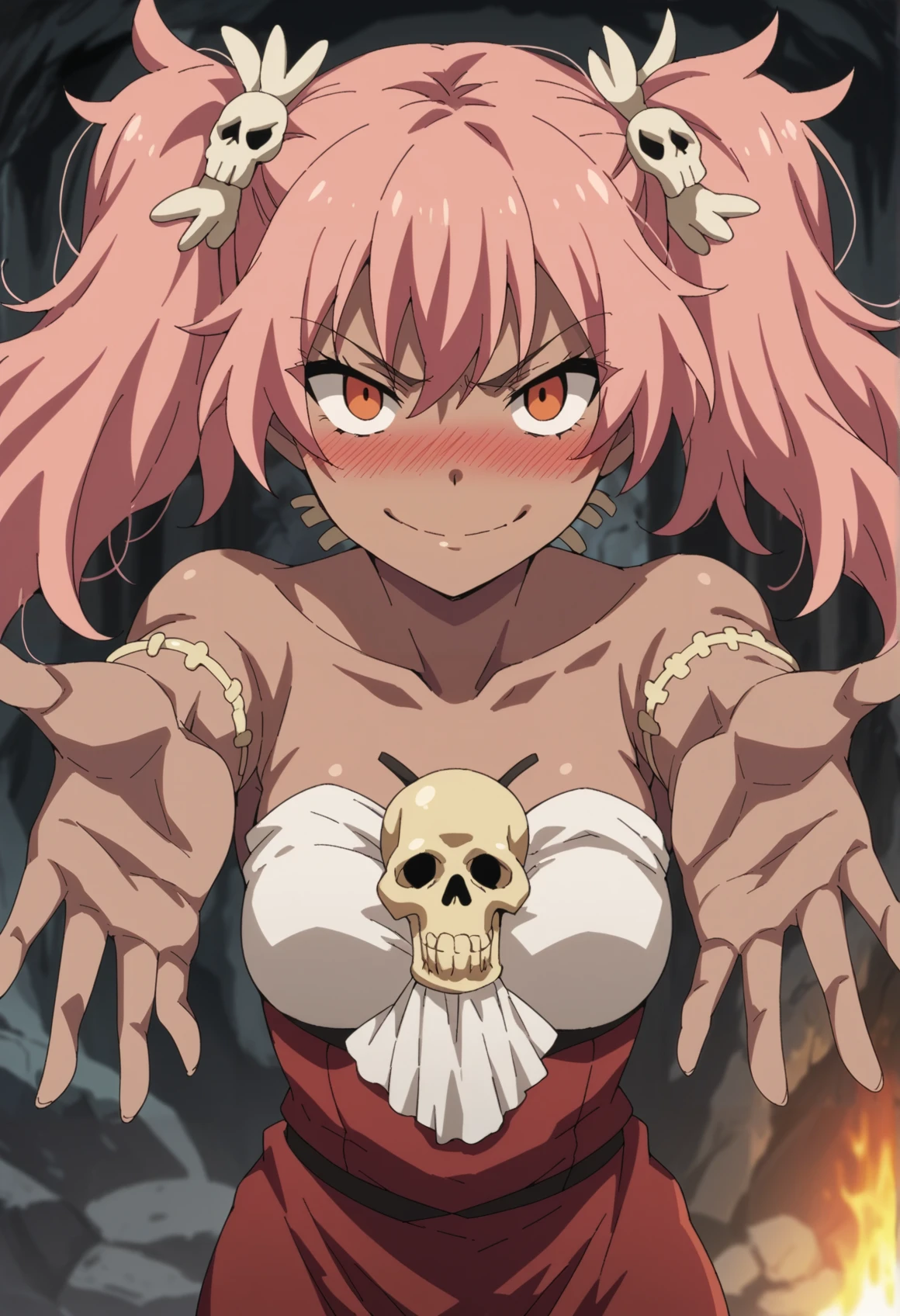 1girl, solo, dark skin, evil, evil smile, reaching viewer, orange eyes, pink hair, messy hair, twintails, hands behind back, closing to the viewer, cavewoman, fur, bone hair ornament, jewelry prehistoric, evil smile, closed mouth, blush, indoors, cave, bonfire, blurry    <lora:Carnival:1>, score_9, score_8_up, score_7_up, score_6_up, score_5_up, score_4_up, BREAK source_anime, masterpiece