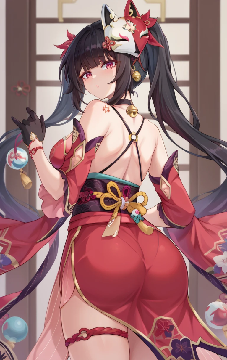 score_9,score_8_up,score_7_up BREAK <lora:sparkle:0.9>,sparkleSDXL,1girl,solo,long hair,black hair,hair ornament,pink eyes,gloves,dress,cleavage,bare shoulders,twintails,jewelry,very long hair,detached sleeves,jingle bell,neck bell,japanese clothes,choker,black gloves,wide sleeves,kimono,bracelet,sash,tattoo,mask,obi,thigh strap,wristband,red dress,tassel,red nails,single glove,mask on head,red kimono,fox mask,cowboy shot,room,room background,from behind,ass focus,looking back,