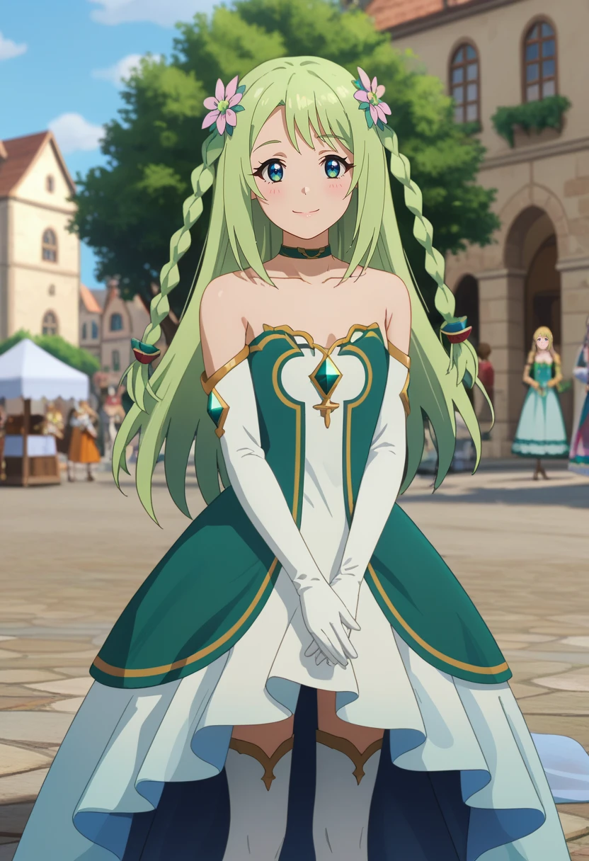 score_7_up, anime screencap,
<lora:PrincessConnect_ChikaXL:0.9>,
1girl, solo, closed mouth, smile,
long hair, light green hair, twin braids, blue eyes, hair flower,
Chika, green choker, multicolored dress, bare shoulders, white dress, green dress, gold trim, green gemstone, white gloves, white thighhighs,
standing, looking at viewer, own hands together,
blurry background, medieval, street, fountain