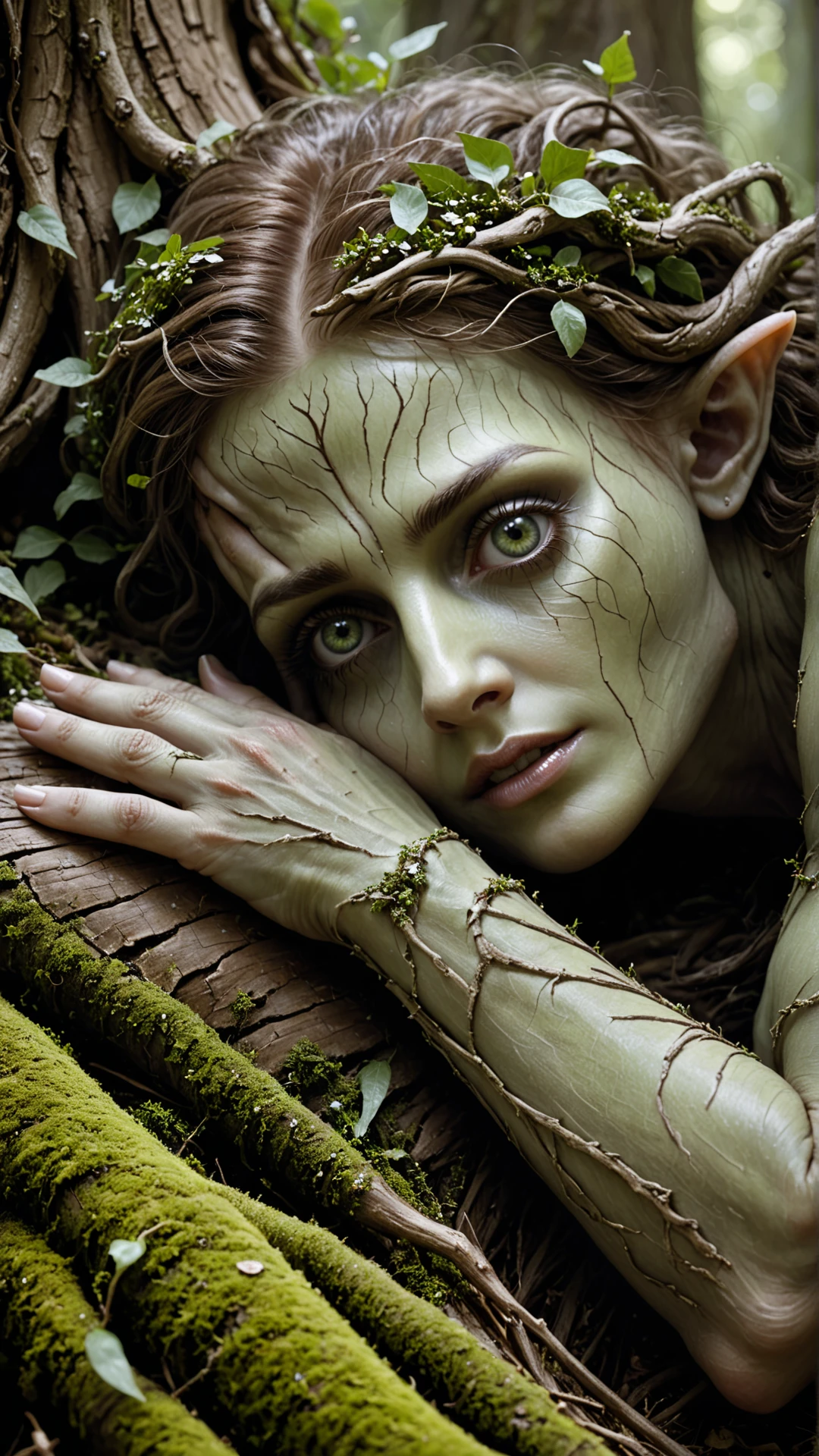 <lora:DryadSDXL:1> bark,  dryad, Lying on stomach, chin resting on hands, eyes twinkling with mischief