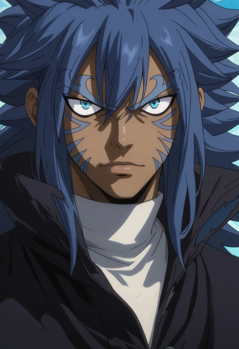 score_9, score_8_up, score_7_up, source_anime, rating_safe, AcnologiaFT, blue Acnologia hair, blue Acnologia facepaint, 1boy, male focus, anime screencap,