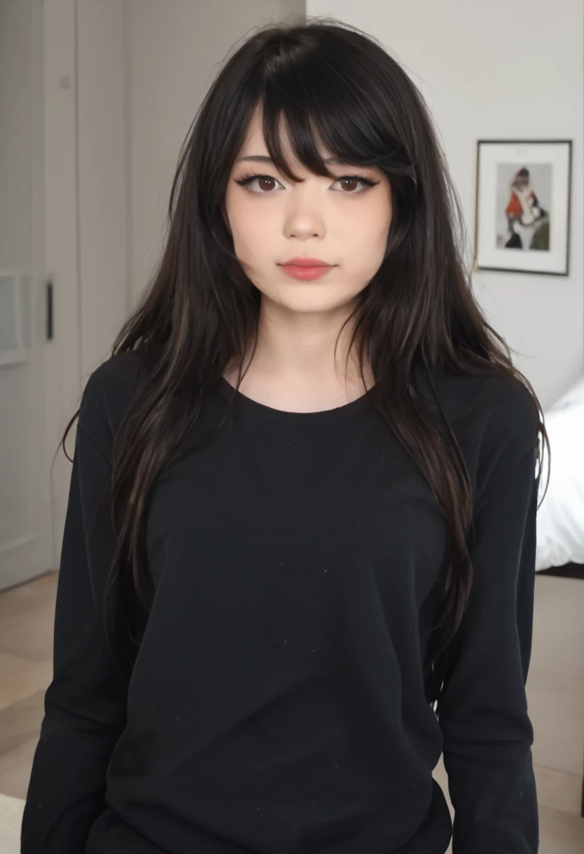 a woman, long sleeves, tshirt, waist-up photo, emirulolxl, black hair, bangs, eyelashes, <lora:EmiruPony:0.85>