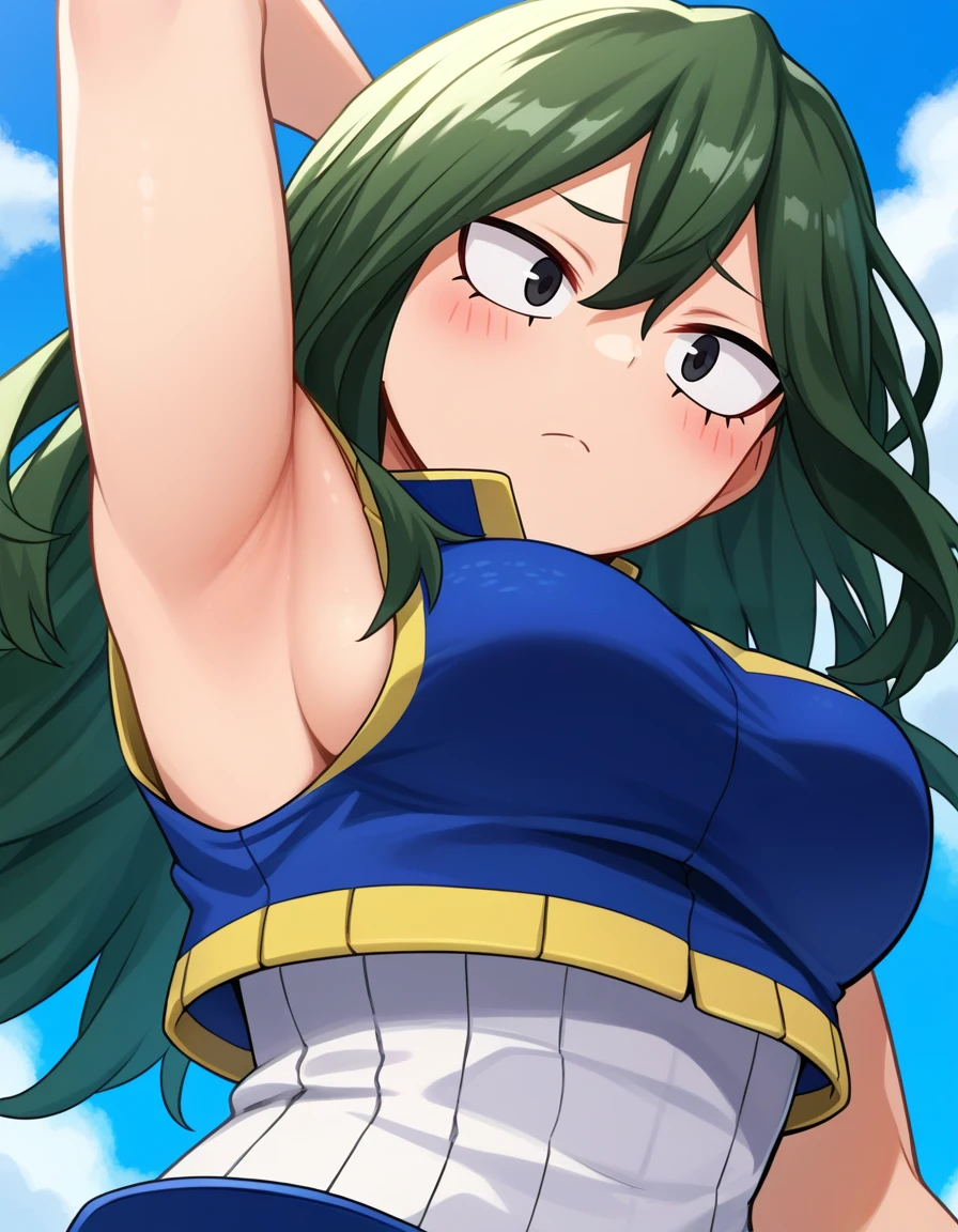 <lora:Setsuna:1>, setsuna, 1girl, solo, upper body, score_9, large breasts, sleeveless shirt, armpit, one arm up, blush, looking away