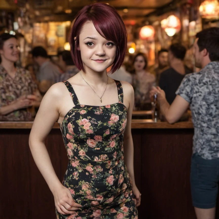 a professional absurdres hyper-detailed sharp focus photograph of 1woman 
Kathryn_Prescott with a gentle smile tight short form-fitting floral print dress
Short pixie-hair 
Standing at crowded bar withe karaoke in background 
Petite female-body full-length with mischief in her eyes
view from Behind
<lora:Kathryn_Prescott-SDXLe12:1.0>