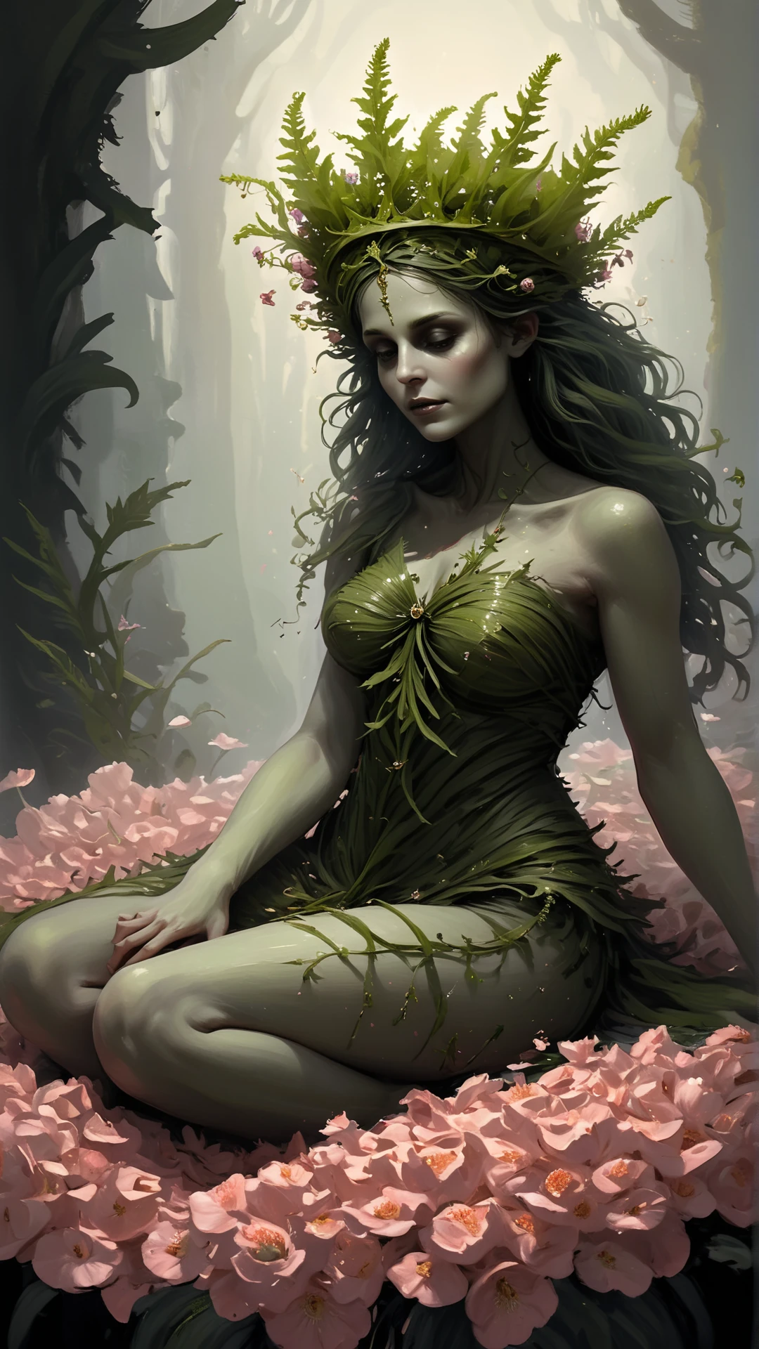 <lora:DryadSDXL:1> fern,  dryad, Sitting on a bed of soft petals, legs folded beneath, weaving a crown of flowers with delicate hands