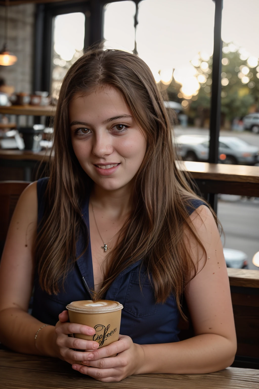 <lora:BeckyLeSabre:0.8>, full color portrait of a young woman, having coffee at a vintage cafe, natural light, RAW photo, subject, 8k uhd, dslr, soft lighting, high quality, film grain, Fujifilm XT3