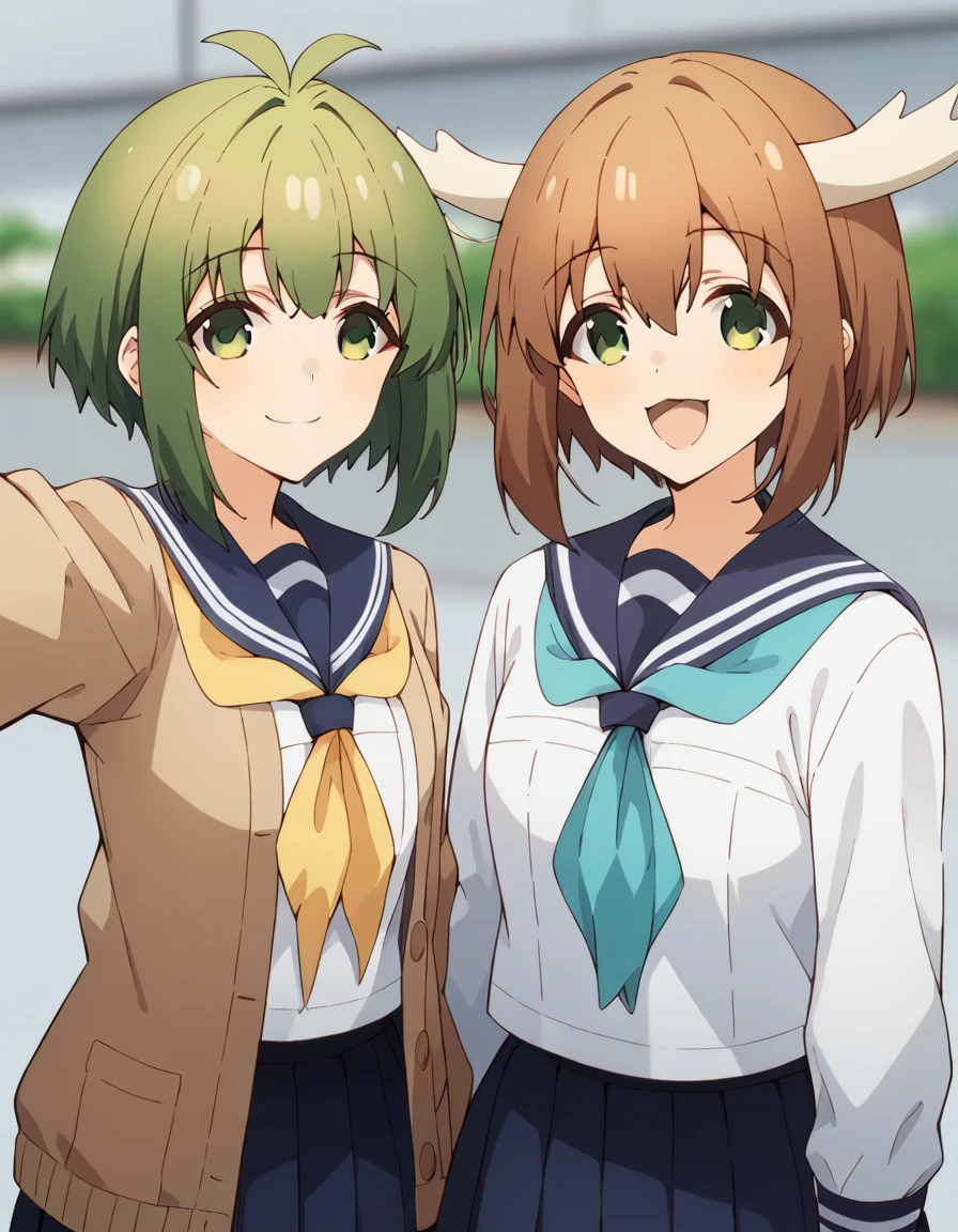 score_9, score_8_up, score_7_up, source_anime, 2girls, side by side, blurry background, BREAK
1girl, <lora:meme_bashame_anime-soralz:0.6>, meme bashame, green hair, antenna hair, short hair, sidelocks, green eyes, school uniform, blue sailor collar, brown cardigan, open cardigan, long sleeves, yellow neckerchief, white shirt, blue pleated skirt, light smile, selfie,
ADDCOL
1girl, <lora:noko_shikanoko_anime-soralz:0.6>, noko shikanoko, horns, brown hair, short hair, green eyes, hair between eyes, school uniform, serafuku, blue sailor collar, white shirt, long sleeves, aqua neckerchief, pleated dress, happy,