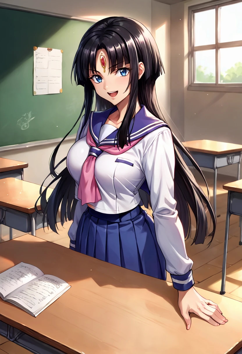 score_9, score_8_up, score_7_up, source_anime BREAK 1girl, solo, crossange_sala, school uniform, human ears, serafuku, large breasts, black hair, blunt bungs, long hair, forehead jewel, blue eyes, looking at you, smile, open mouth, dynamic pose, classroom <lora:crossange_sala:1>