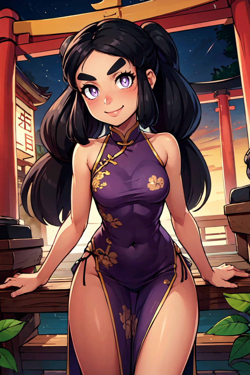 ((masterpiece,best quality)), absurdres,  BREAK, , <lora:Hapu_Pokemon:0.8>, zzHapu, long hair, black hair, twintails, thick eyebrows, dark skin, purple eyes, bright pupils, eyelashes, , BREAK,  china dress, pelvic curtain, side slit, sleeveless, print dress, covered navel, no panties, outdoors, night, torii, shrine, east asian architecture, leaning forward, hand on own thigh, from above,, BREAK, solo, smile, looking at viewer, cowboy shot,