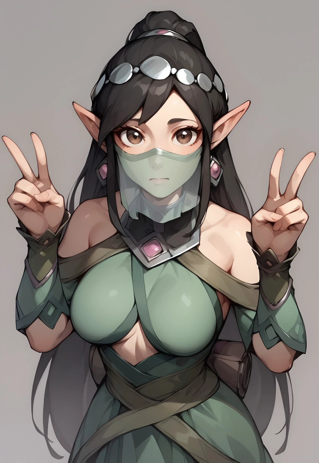 safe_pos, score_9, score_8_up, ying, default_ying, pointy ears, veil, medium breasts, brown eyes, black hair, long hair, bright green dress, 