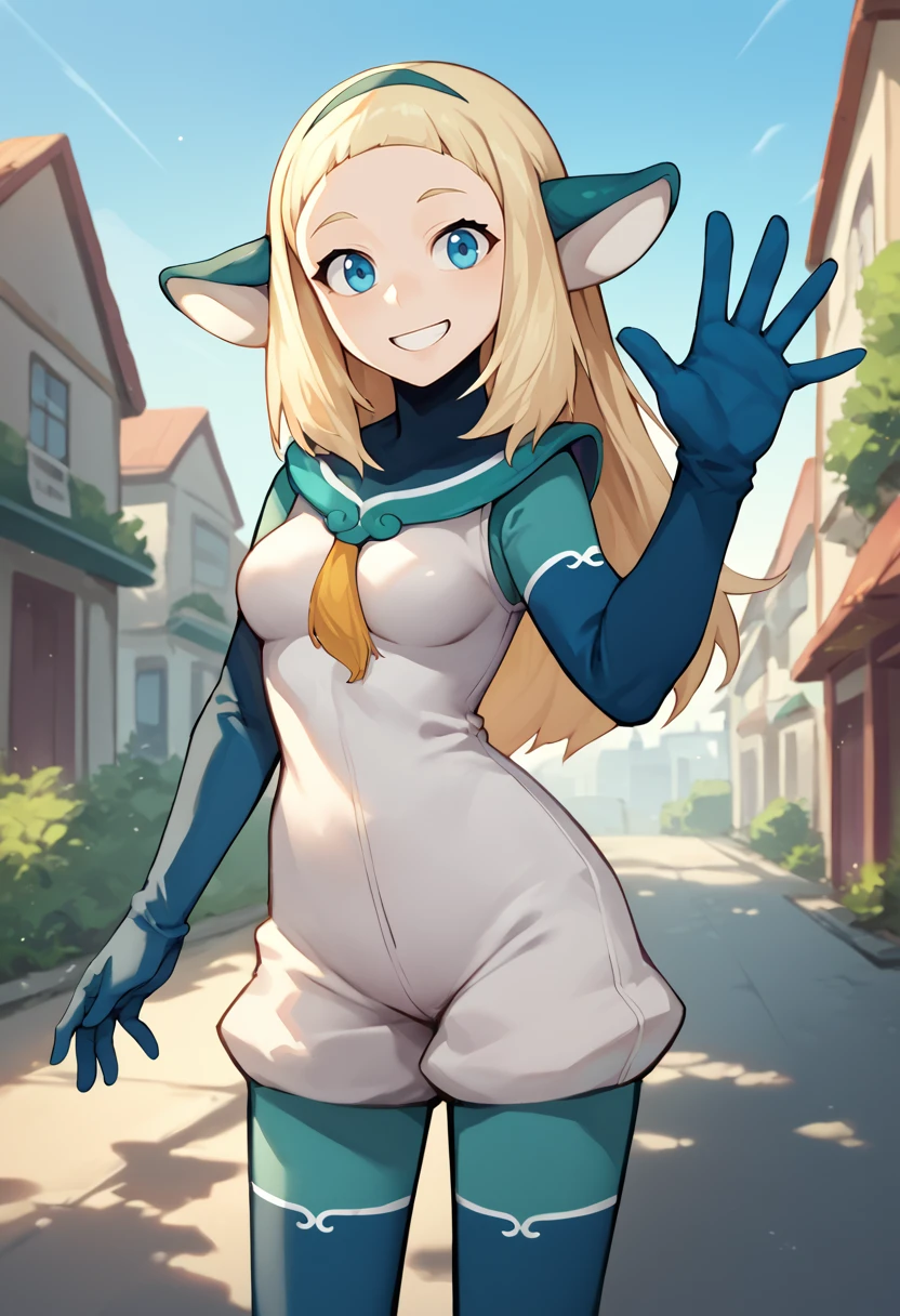 score_9, score_8_up, score_7_up, source_anime, solo, 1girl, bakara jurgen, smile, looking at viewer, standing, waving, hairband, animal ears, white bodysuit, blue gloves, elbow gloves, blue thighhighs, medium breasts, outdoors <lora:dofus_bakara_ponyXL:1>