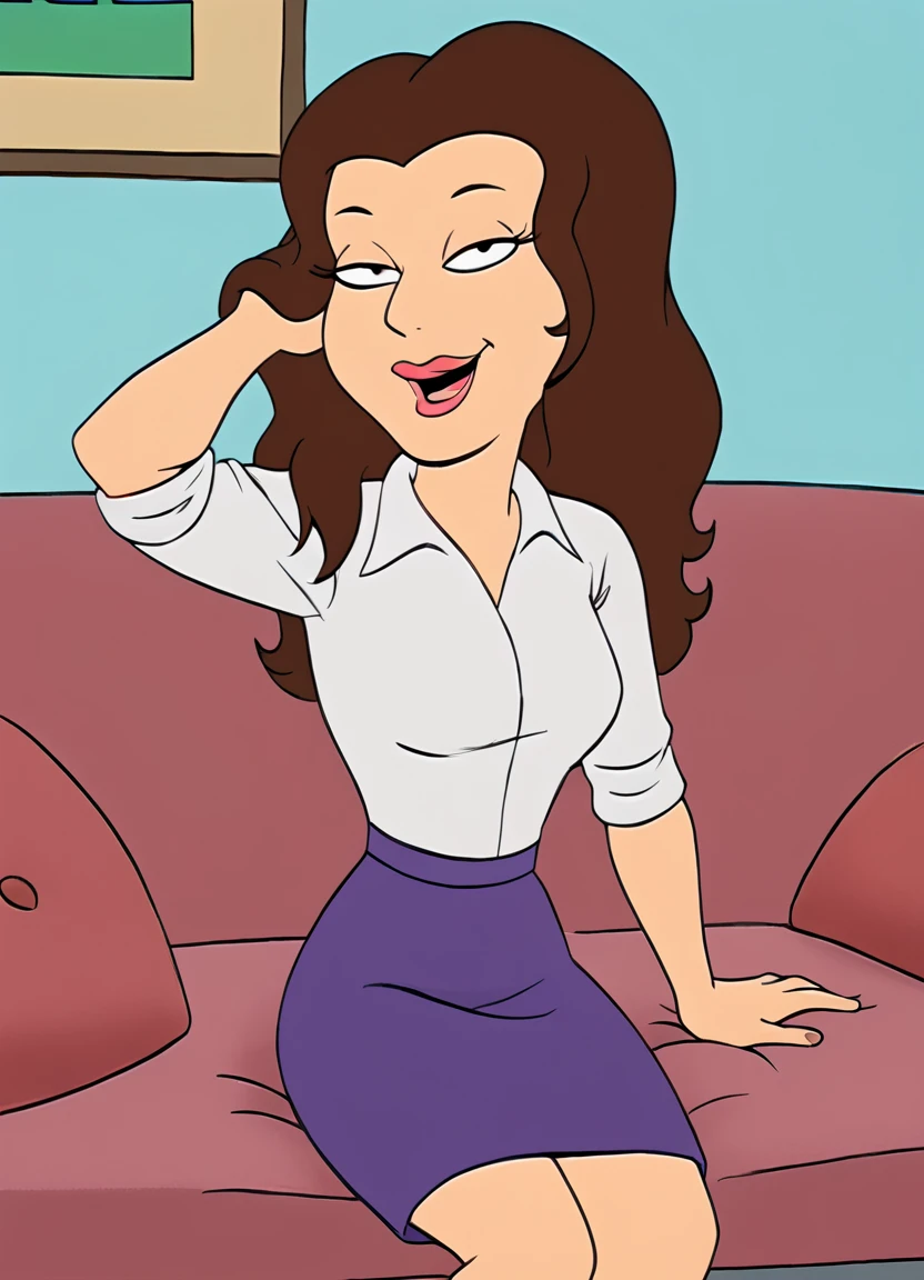 <lora:DrAmandaRebeccaFGPony:1> Dr.AmandaRebecca, 1girl, solo, brown hair, shirt, long hair, skirt, purple skirt, white shirt, sitting, lipstick, couch, smile, open mouth, makeup, breasts, score_9, score_8_up, score_7_up, score_6_up, score_5_up, score_4_up, looking at viewer,sitting, couch, hand in own hair,