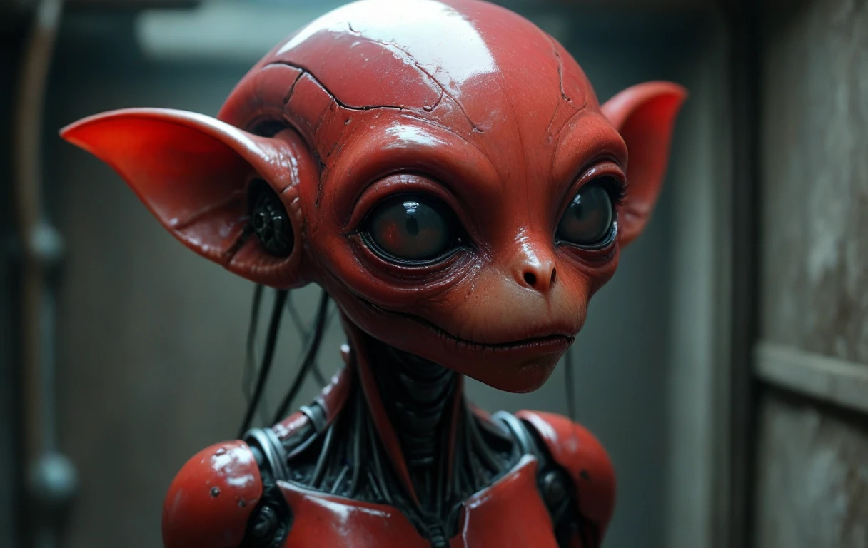 shiny dark red sexy alien species female head in a dark basement, highly detailed, sad <lora:alien-species:1>