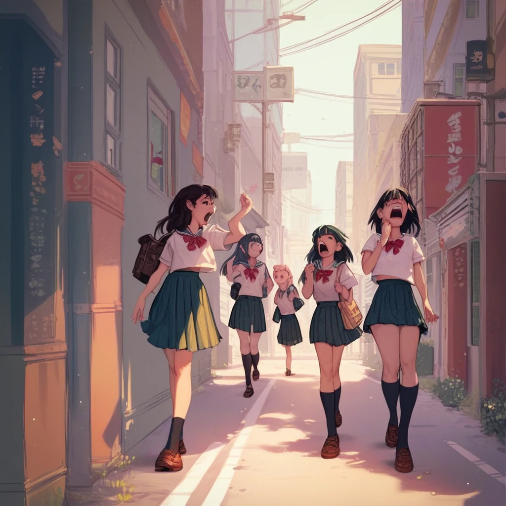 score_9, score_8_up, score_7_up, score_6_up, score_5_up, score_4_up, 4girls, multiple girls, school uniform, yawning, walking to school, city street