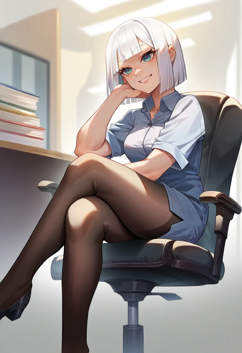 score_9, score_8_up, source_anime, 1girl, solo, GinaBoyd, short hair, bob cut, white hair, indoors, office lady, office chair, sitting, crossed legs, miniskirt, black pantyhose, dress shirt, smile, <lora:ChamGinaBoydPonyXL:1>