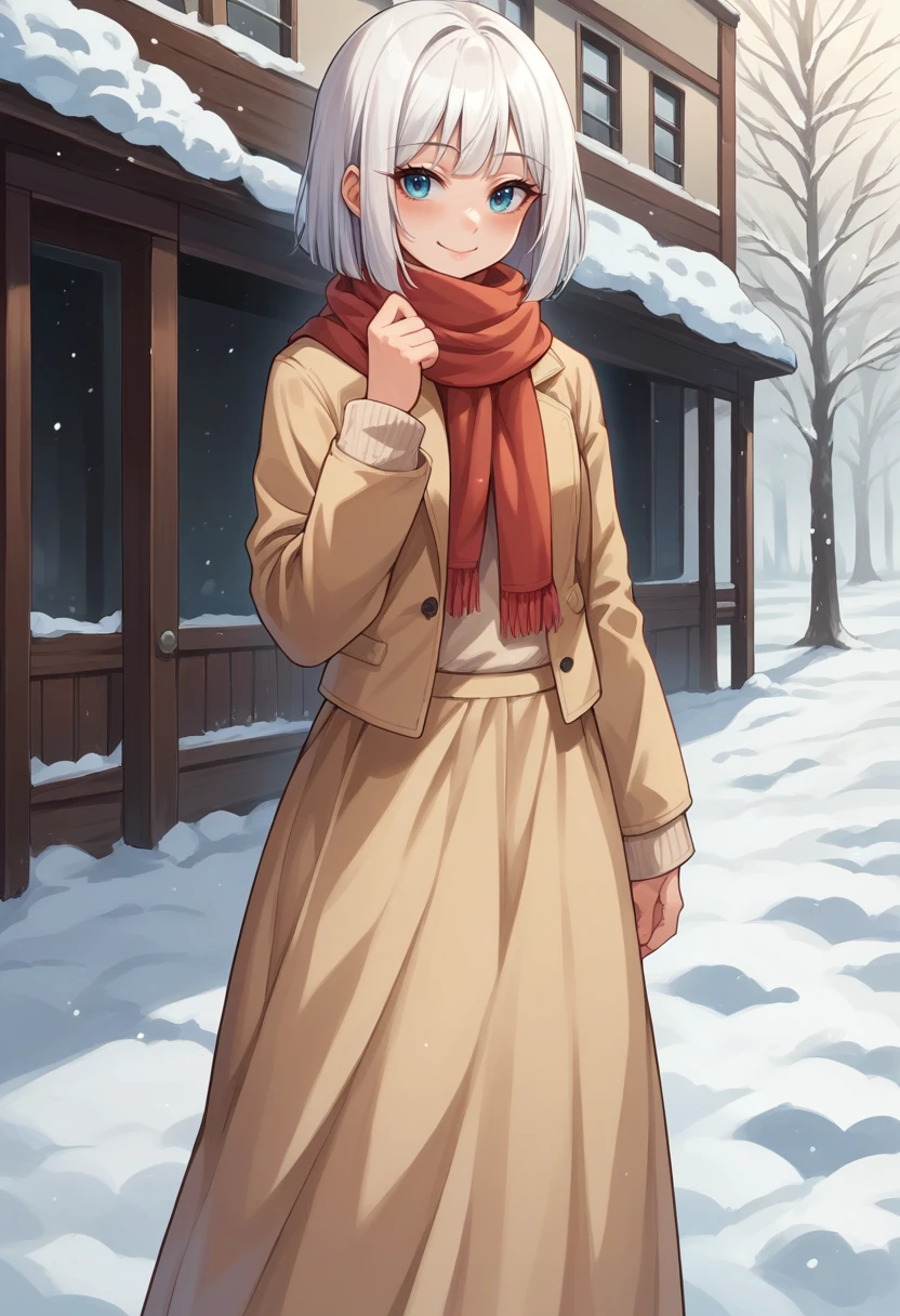 score_9, score_8_up, source_anime, 1girl, solo, GinaBoyd, short hair, bob cut, white hair, turtleneck sweater, long skirt, outdoors, scarf, winter, smile, blush, <lora:ChamGinaBoydPonyXL:1>