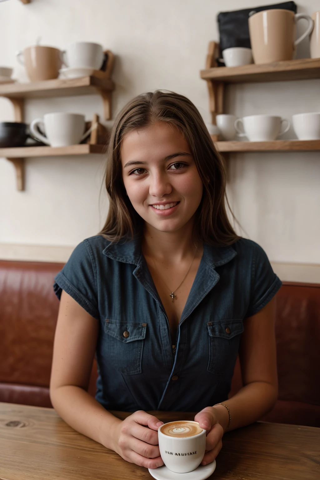 <lora:BeckyLeSabre:0.8>, full color portrait of a young woman, having coffee at a vintage cafe, natural light, RAW photo, subject, 8k uhd, dslr, soft lighting, high quality, film grain, Fujifilm XT3