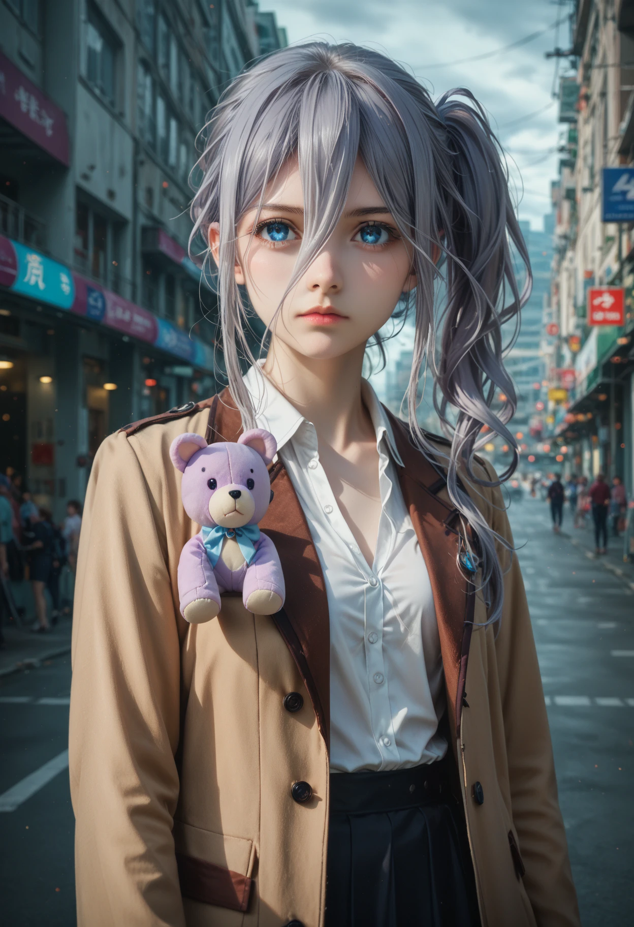 1girl,black hair,blue eyes,brown jacket,expressionless,eyes visible through hair,grey hair,jacket,long hair,looking at viewer,open clothes,outdoors,reine murasame,shirt,side ponytail,sidelocks,skirt,solo,stuffed animal,
<lora:reine-murasame-s4s5-ponyxl-lora-nochekaiser:1>,, cinematic film still,score_9,score_8_up,score_7_up,dramatic lighting,(realistic:1.3),highly detailed,high budget,bokeh,cinemascope,moody,epic,gorgeous,film grain,grainy,masterpiece,best quality,perfect anatomy,very aesthetic,official art,8k,