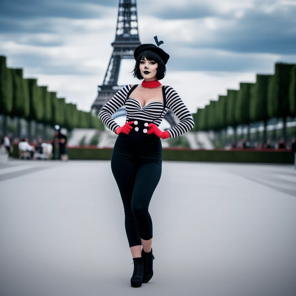 cinematic photo full body portrait 2girls, black hair, hat, black heart, breast, red gloves, short hair, cleavage, heart ahoge, striped shirt, mimes in the street, eiffel tower <lora:ChuchuBonbon1024:0.8> . 35mm photograph, film, bokeh, professional, 4k, highly detailed