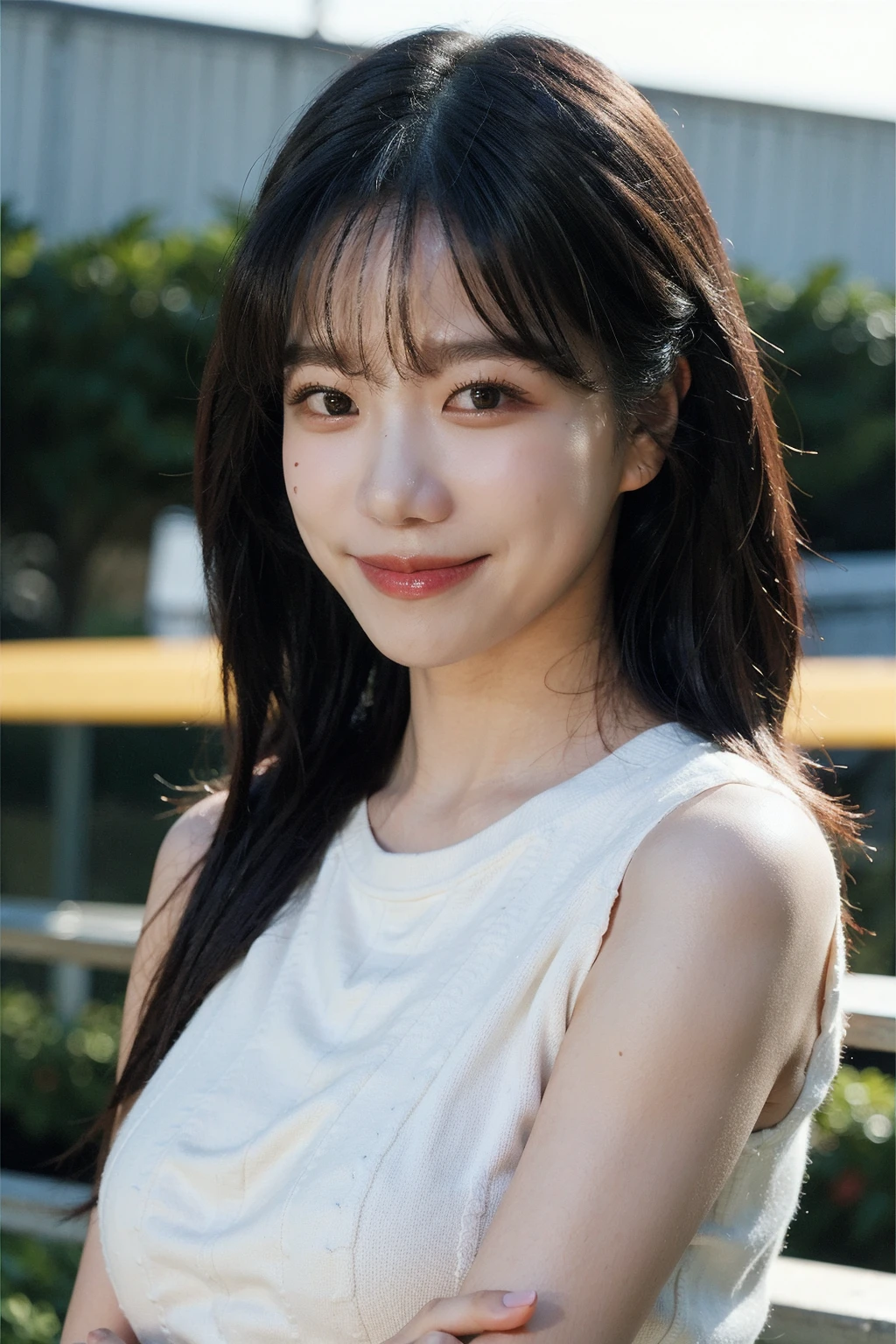 Best quality, masterpiece, ultra high res, (photorealistic), raw photo,1girl, skinny, upper body,solo, realistic, looking at viewer, bokeh background, outdoor, casual clothes, <lora:makina69_joyuri_v2.0:1>, slight smile
