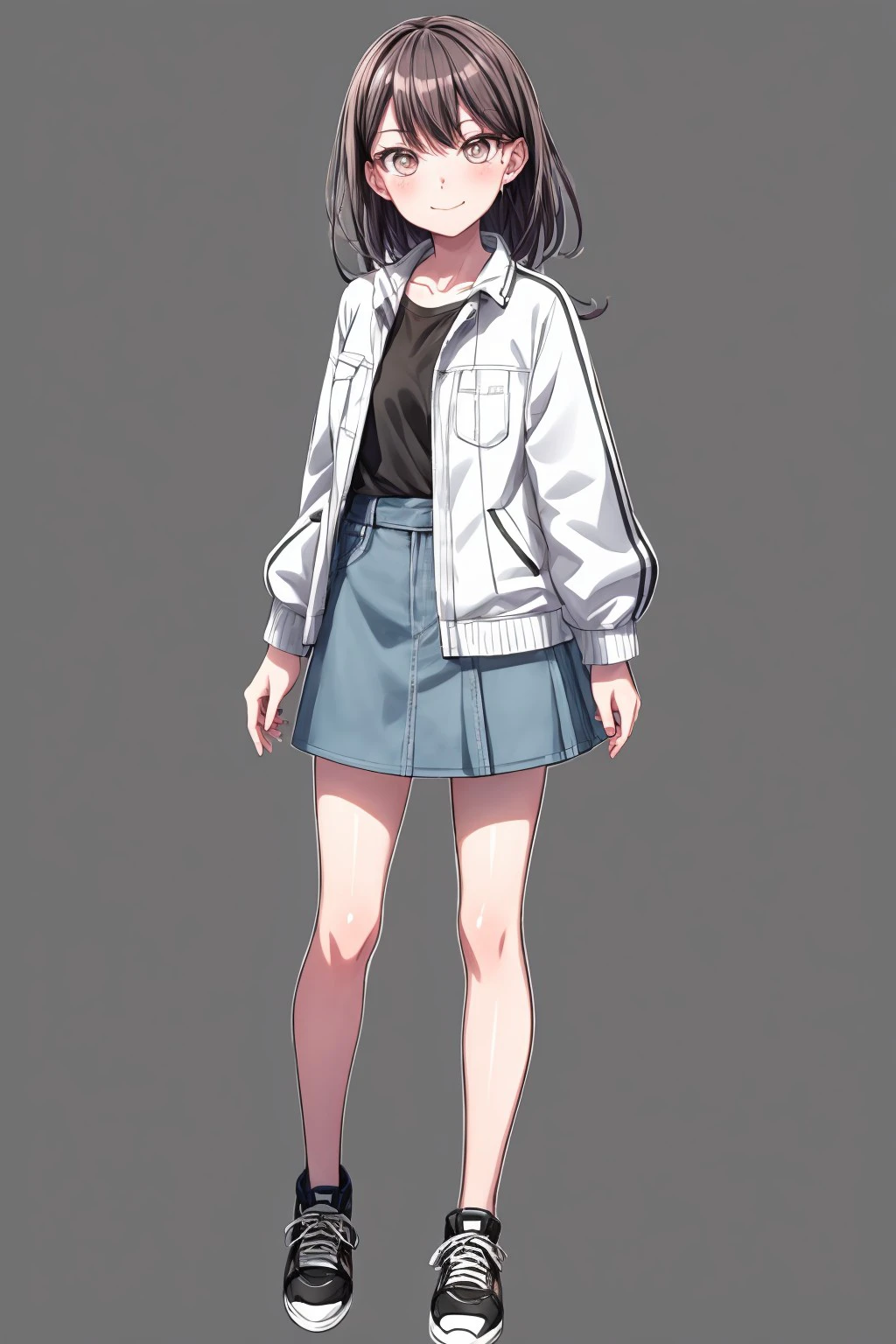 (masterpiece), best quality, expressive eyes, perfect face,takishiina, looking at viewer, smile, skirt,  shirt, long sleeves, brown eyes, closed mouth, standing, collarbone, jacket, full body, open clothes, shoes, black footwear, blue skirt, black shirt, white jacket, sneakers, outline, white outline, denim skirt, <lora:more_details:0.7>, <lora:a75fa2e0-ab76-4620-905b-87ca47d5bd7a:0.7>