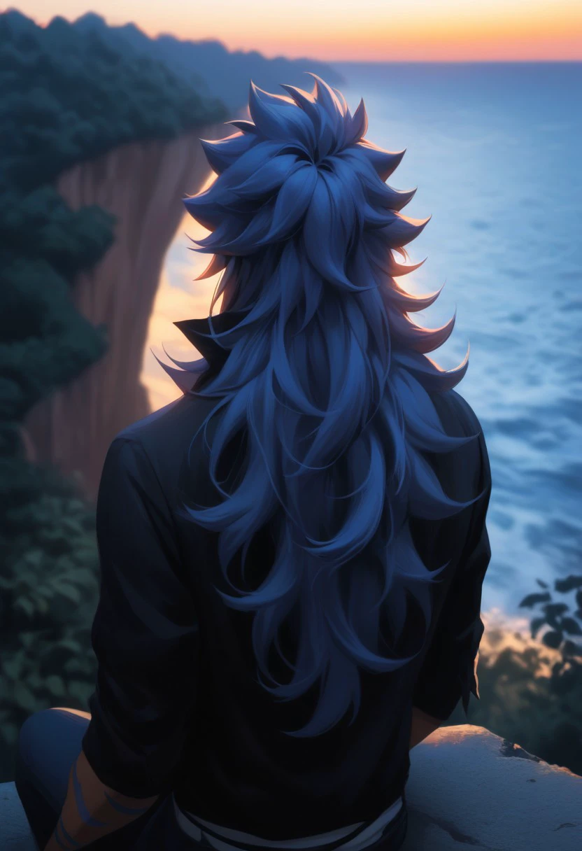 score_9, score_8_up, score_7_up, source_anime, rating_safe, watching sunset, AcnologiaFT, blue Acnologia hair, blue Acnologia facepaint, 1boy, male focus, casual clothes, from behind, sitting, indian style, blurry outdoor cliff, ocean horizon, far city buildings, far mountainsn, atmospheric perspective, realistic lighting,