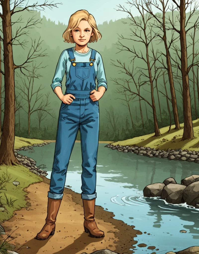 <lora:TWD_Comics_Sophia_Grimes:1> Sophia-Grimes, short hair, blonde hair, freckles, jacket, overalls, boots, standing in the woods, tree, creek, water, wildflowers,