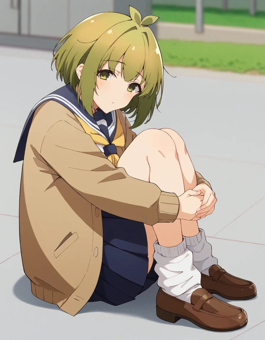 score_9, score_8_up, score_7_up, source_anime, BREAK
1girl, solo, looking at viewer, blurry background, outdoors, hugging own legs,
meme bashame, green hair, antenna hair, short hair, sidelocks, green eyes,
school uniform, blue sailor collar, brown cardigan, open cardigan, long sleeves, yellow neckerchief, white shirt, blue pleated skirt, loose white socks, brown footwear
<lora:meme_bashame_anime-soralz:1>