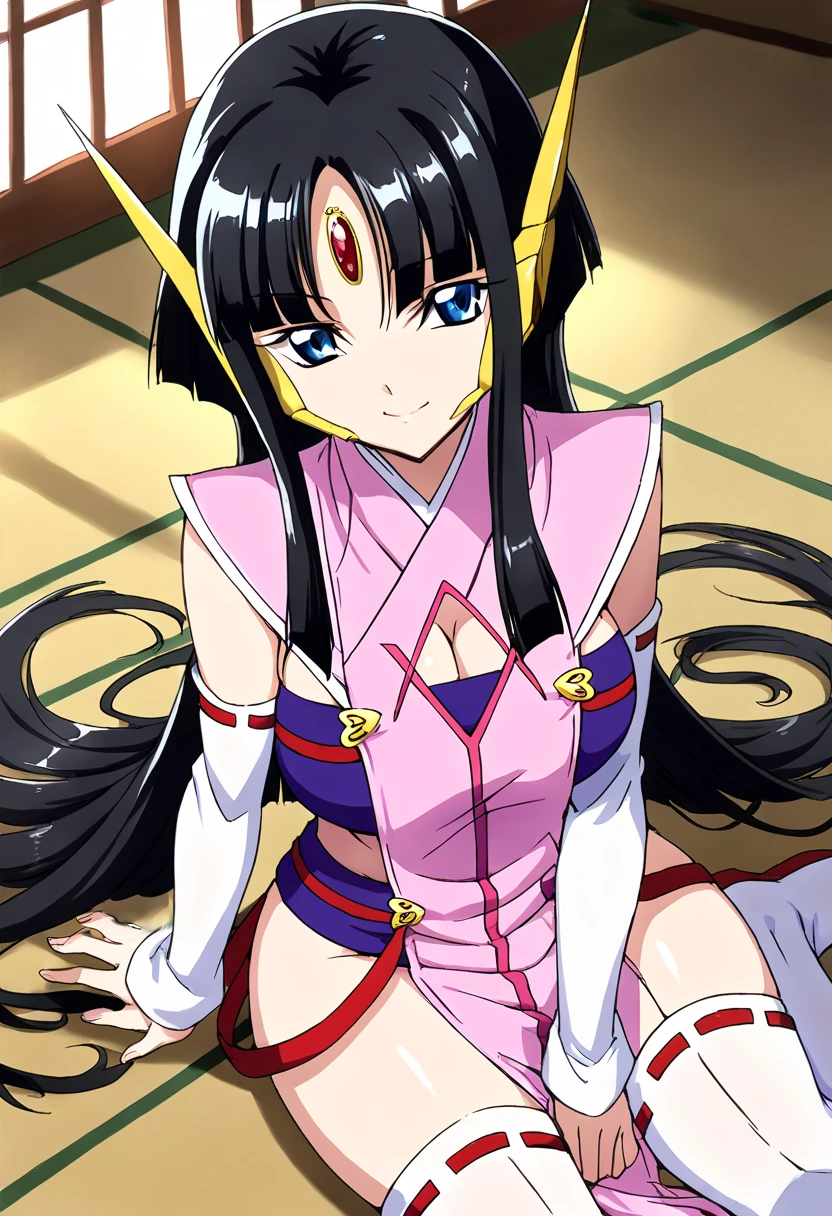 score_9, score_8_up, score_7_up, source_anime BREAK 1girl, solo, crossange_sala, Japanese-style room, from above, sitting, wariza, dress, under wear, detached sleeves, cleavage cutout, sideless outfit, white thighhighs, robot ears, large breasts, black hair, blunt bungs, forehead jewel, long hair, blue eyes, looking at you, smile <lora:crossange_sala:1>