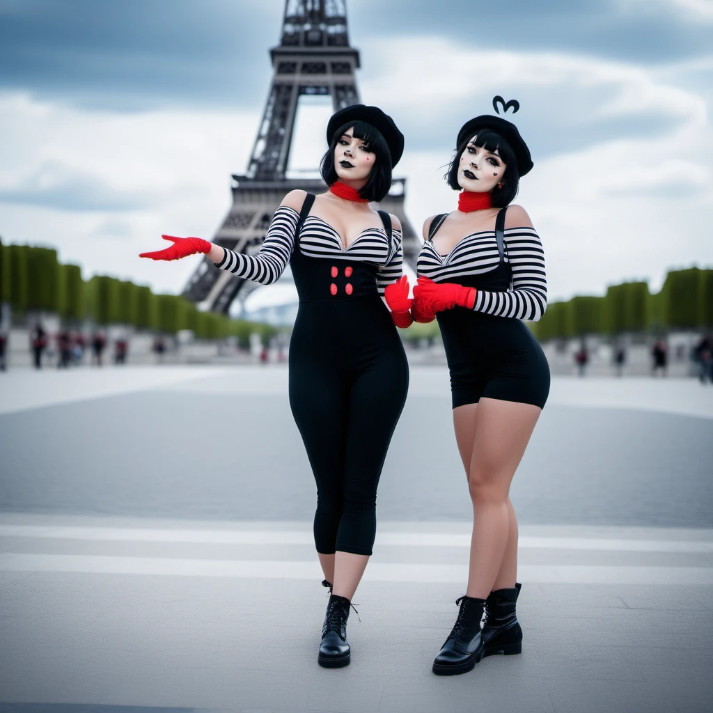 cinematic photo full body portrait 2girls, black hair, hat, black heart, breast, red gloves, short hair, cleavage, heart ahoge, striped shirt, mimes in the street, eiffel tower <lora:ChuchuBonbon1024:0.8> . 35mm photograph, film, bokeh, professional, 4k, highly detailed