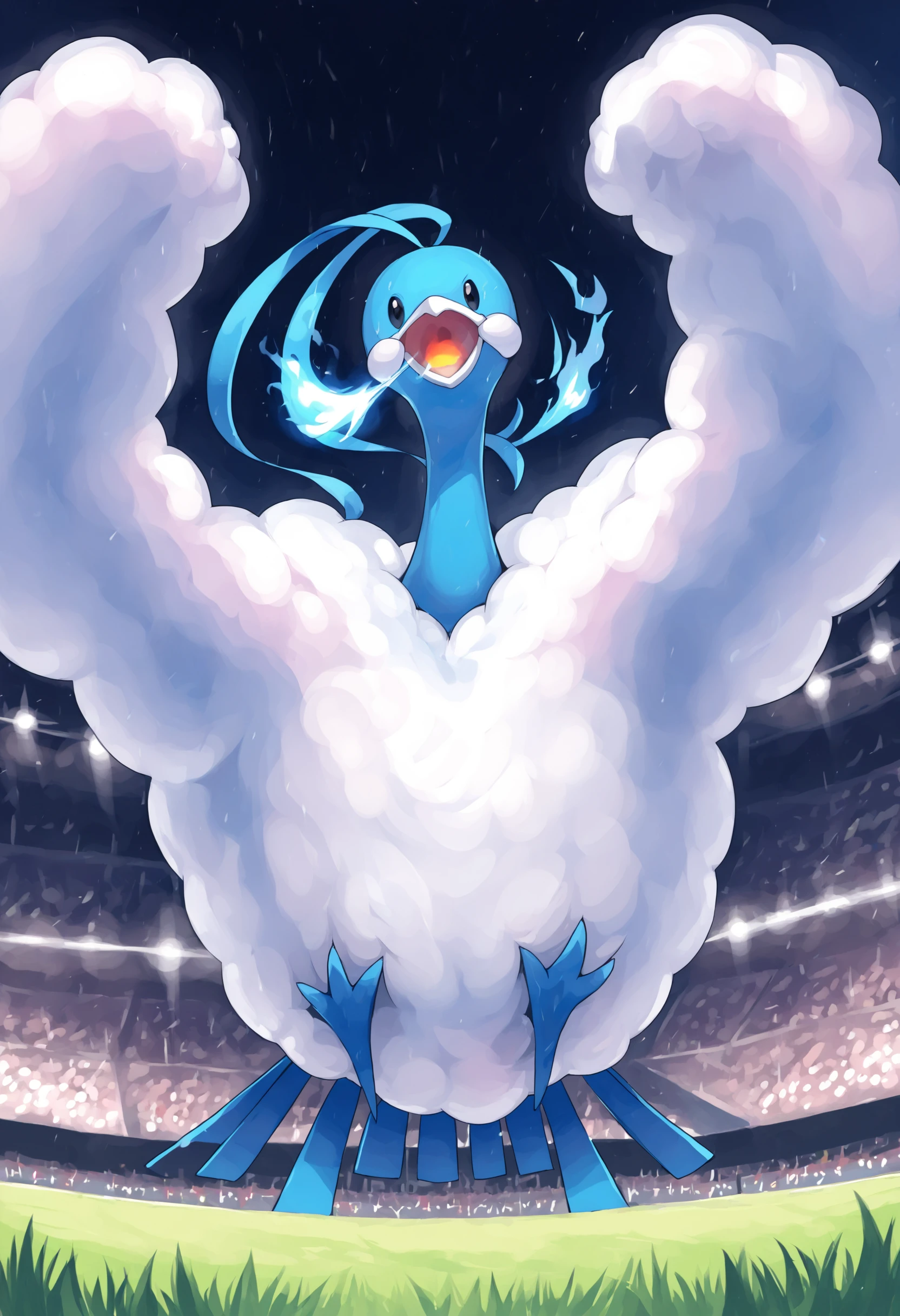 score_9, score_8_up, score_7_up, source_anime BREAK
grass, stadium, lights
ALT4R14, black eyes, blue feathers, white cloud-like wings, white beak, white cheek patches, bird, blue bird feet, bird tail, animal focus, 2 blue headfeathers, spread wings
(standing:1.2), open mouth, breathing fire (looking at viewer:1.4), facing viewer
no humans <lora:Altaria:1>
<lora:breath_weapon:1> breath weapon, breath spit, looking front, breath from mouth