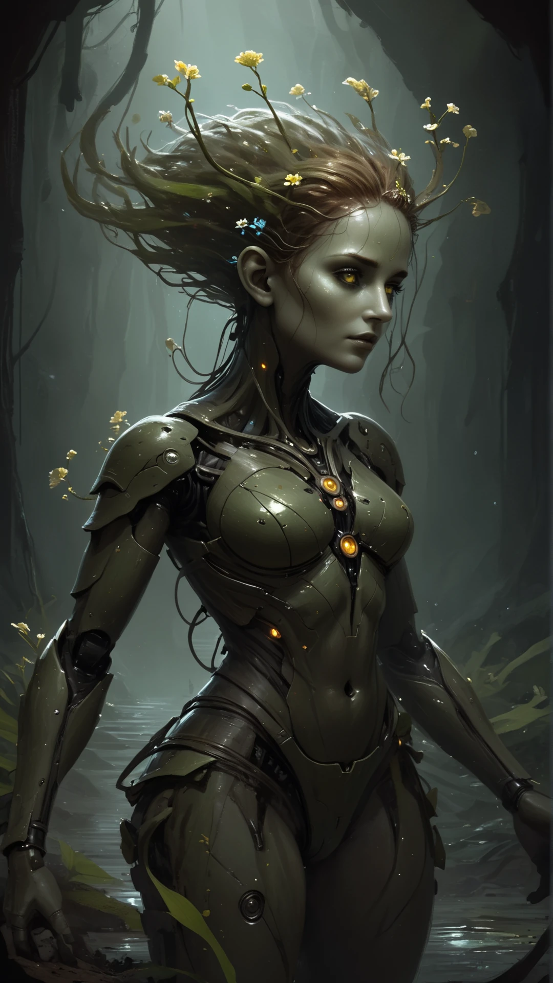 <lora:DryadSDXL:1> dryad, Battle bot operator, in underground spring, Touching Hair