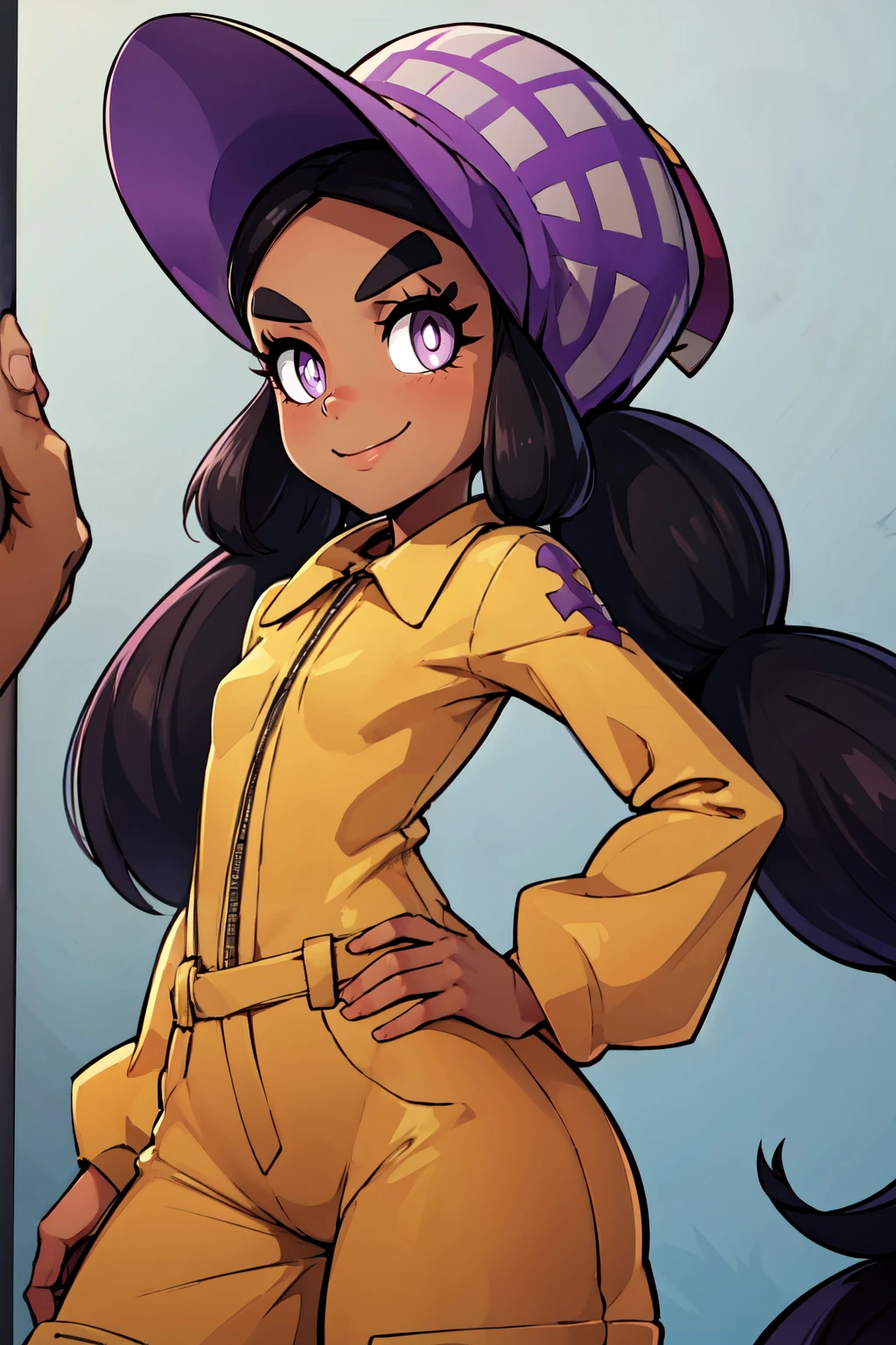 ((masterpiece,best quality)), absurdres,  BREAK, , <lora:Hapu_Pokemon:0.8>, zzHapu, long hair, black hair, twintails, thick eyebrows, dark skin, purple eyes, bright pupils, eyelashes, white pupils, purple headwear, brown jumpsuit, , BREAK, hip to the side, hand on hip, contrapposto,, BREAK, solo, smile, looking at viewer, cowboy shot,