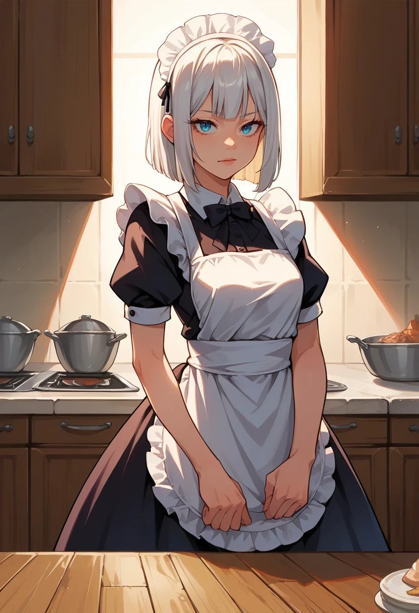 score_9, score_8_up, source_anime, 1girl, solo, GinaBoyd, short hair, bob cut, white hair, maid, maid headdress, maid apron, kitchen, <lora:ChamGinaBoydPonyXL:1>