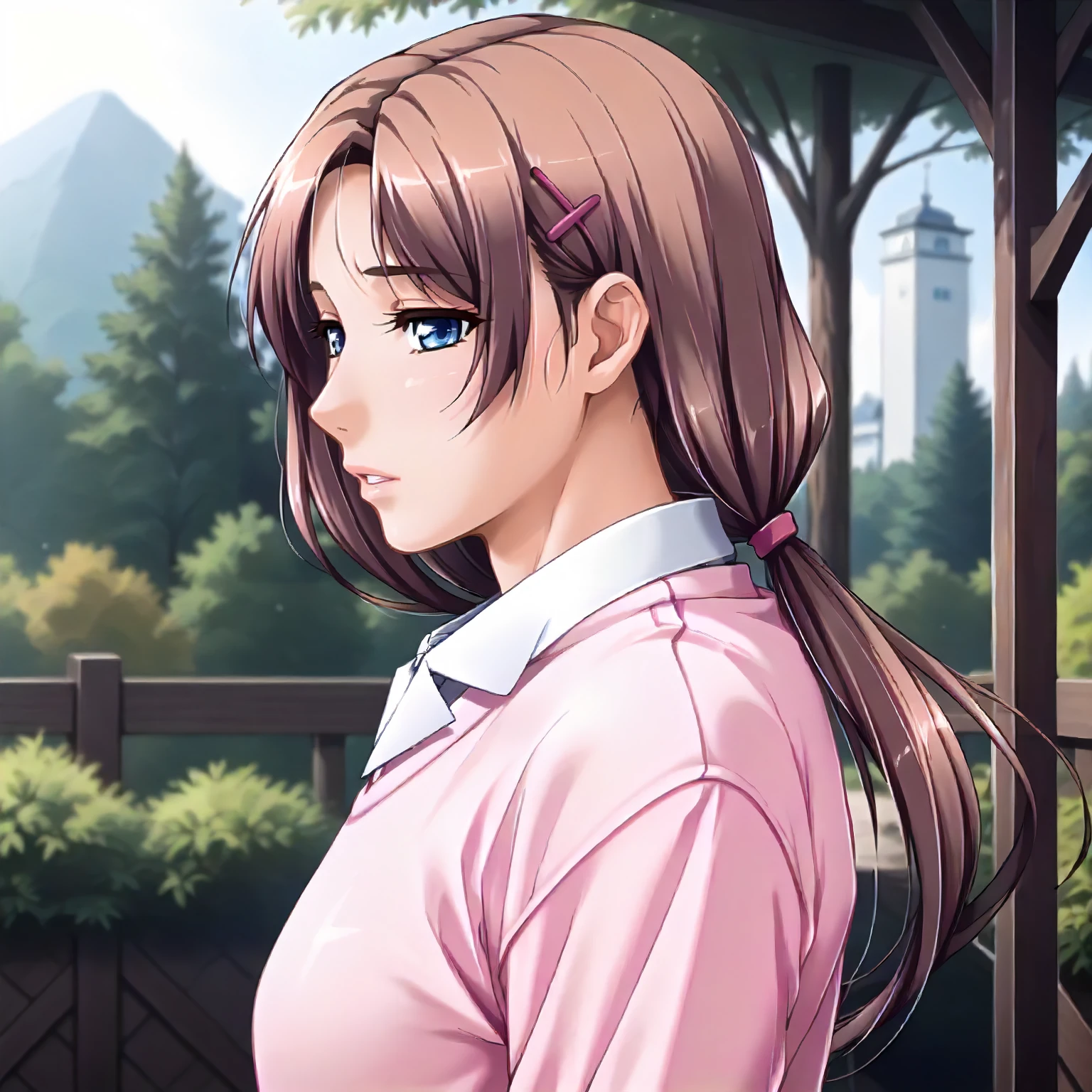 <lora:SDG_AzusaTakaiXLpony001>,
outdoors,nature,
half-closed eyes,looking at viewer,blush,parted lips,profile,
solo,
AzusaTakai,1girl,brown hair,hairclip,low ponytail,blue eyes,
standing,
collared_shirt,pink sweater,