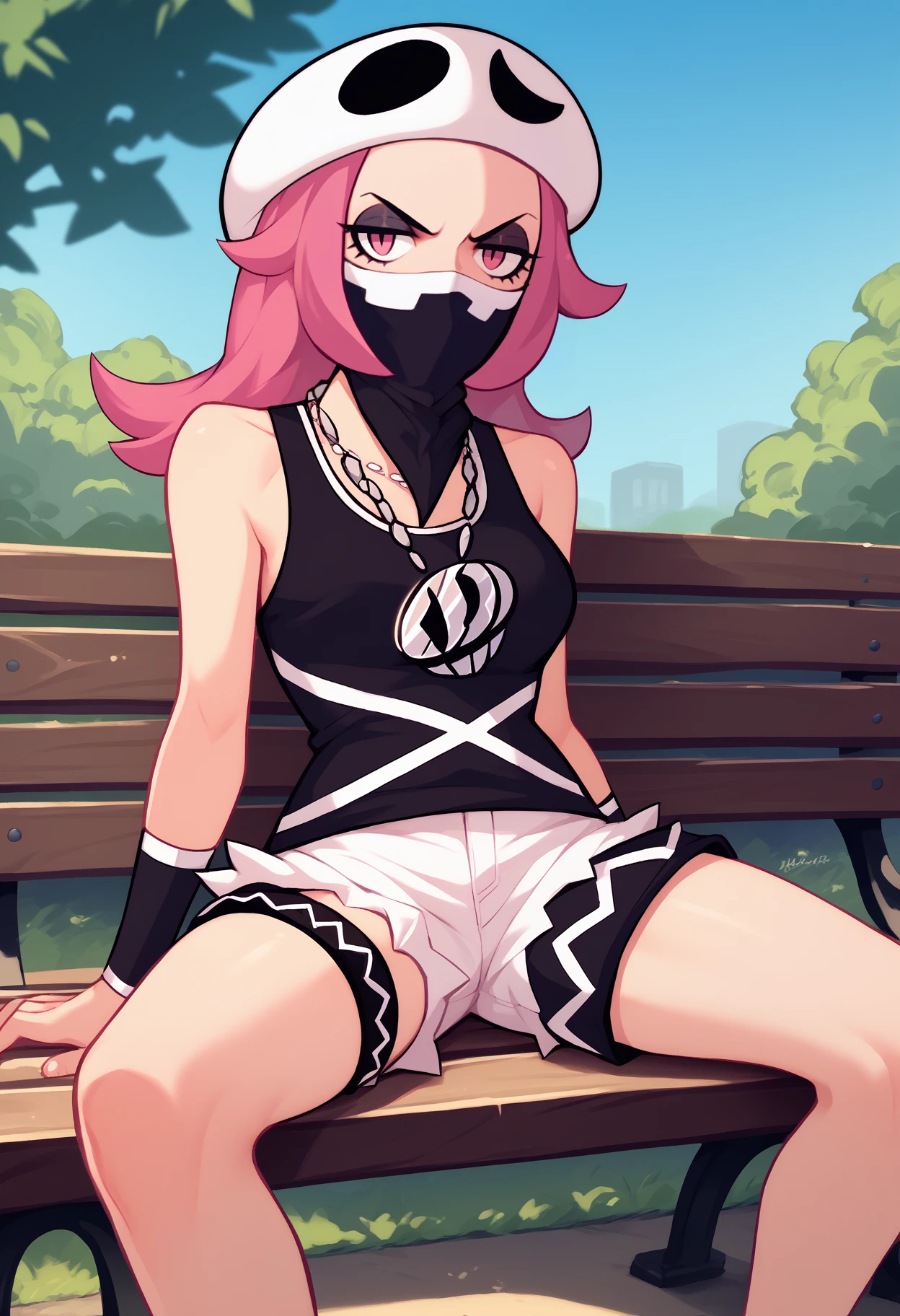 score_9, score_8_up, score_7_up, score_6_up, source_anime, solo, 1girl, femskullgrunt, makeup, eyeshadow, looking at you, sitting, park bench, spread legs, long hair, white headwear, hat, bandana, covered mouth, black tank top, team skull, white shorts, short shorts, thigh strap, necklace, black wristband, bare shoulders, outdoors <segment:yolo-face_yolov8m.pt,0.4,0.5>