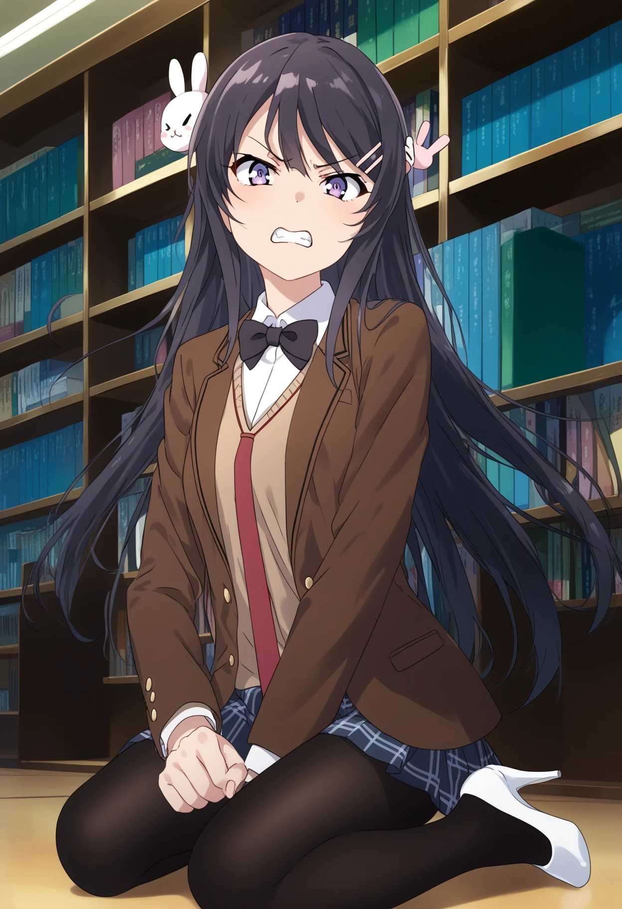 score_9, score_8_up, score_7_up, source_anime, rating_explicit,
BREAK
1girl, solo, kneeling, <lora:sMai:0.8>, sakurajima mai, hairclip, black bowtie, rabbit hair ornament, upper body, school uniform, red necktie, clenched teeth, blazer, brown jacket, angry, looking at viewer, teeth, high heels, indoors, library, pantyhose,