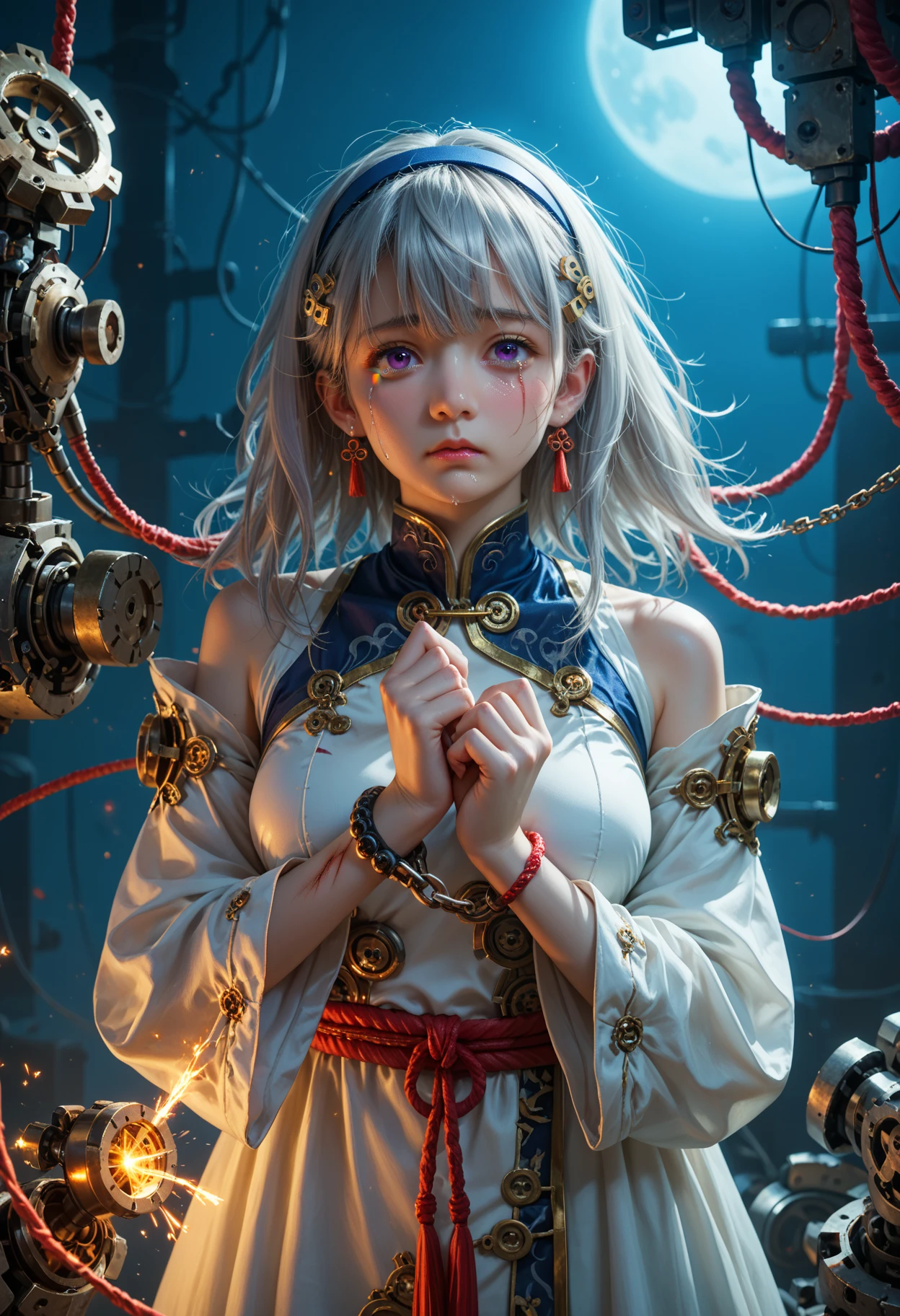 1girl,solo,looking at viewer,medium hair,bangs,hairband,purple eyes,hair ornament,hair between eyes,white hair,fluffy hair,large_breasts,blush shy,shiny_skin,very detailed clothes,very realistic textures,very detailed textures,longeyelashes,brown eye shadow,night,dim light,cyberpunk,mechanical arm,sci-fi style clothes,hair_tucking,metal material,realistic metallic texture,hands,raise your hand,Injuries,scratches,gears,links,chains,wires,sparks,electric sparks,crying,tears,
1girl,large_breasts,Gray hair,air bangs,very long hair,thick hair,fluffy hair,Chinese clothing,very long dresses,hair accessories,hairpins,loose sleeves,long sleeves,bracelets,earrings,Hanfu,fine costumes,fine textures,girl standing beside the peach tree in a daze,flapping her hair,light yarn,translucent,, score_9,score_8_up,score_7_up,masterpiece,best quality,8k,