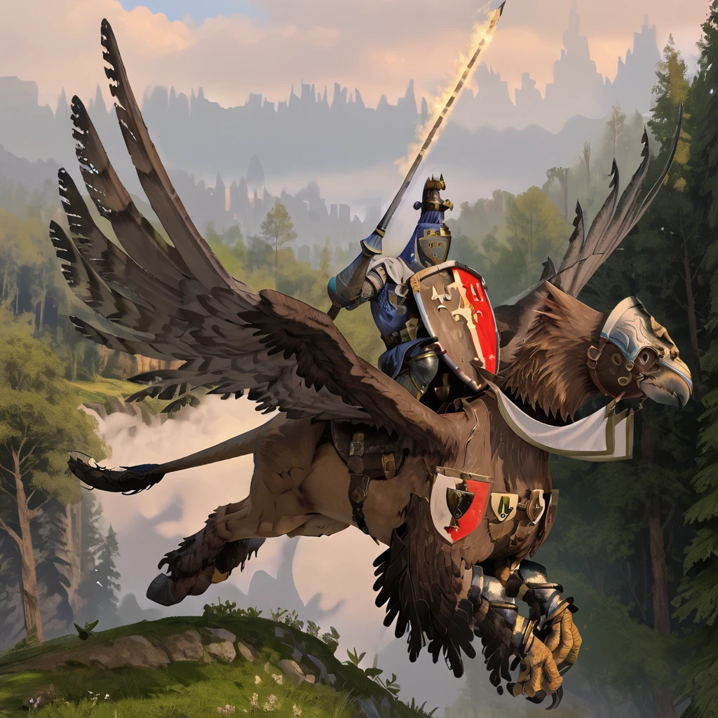 score_9, score_8_up, detailed, hires, detailed face,
sky, forest, solo,
royalhippogryphknight, full armor, flying, animal, hippogriff, feathered wings, talons, hooves,
horseback riding, saddle, knight, holding shield, holding polearm,
<lora:Royal_Hippogryph_Knights_PonyXL:1>