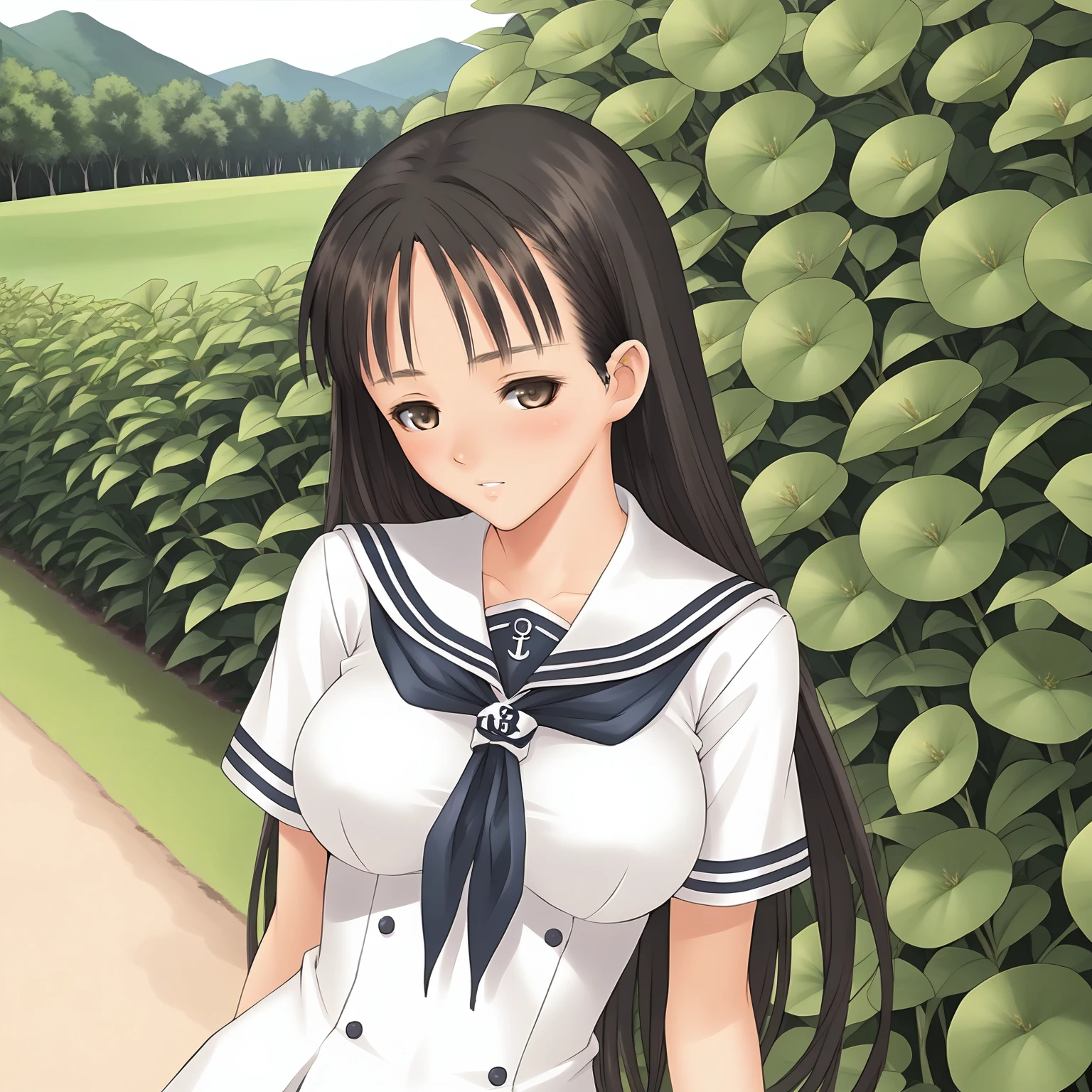 <lora:SnIMnI_AsaMizushimaXLpony006>,
blush,half-closed eyes,parted lips,
solo,
AsaMizushima,1girl,black hair,long hair,brown eyes,
large breasts,
sailor,white sailor color,white dress,short_sleeves,short dress,
outdoors,