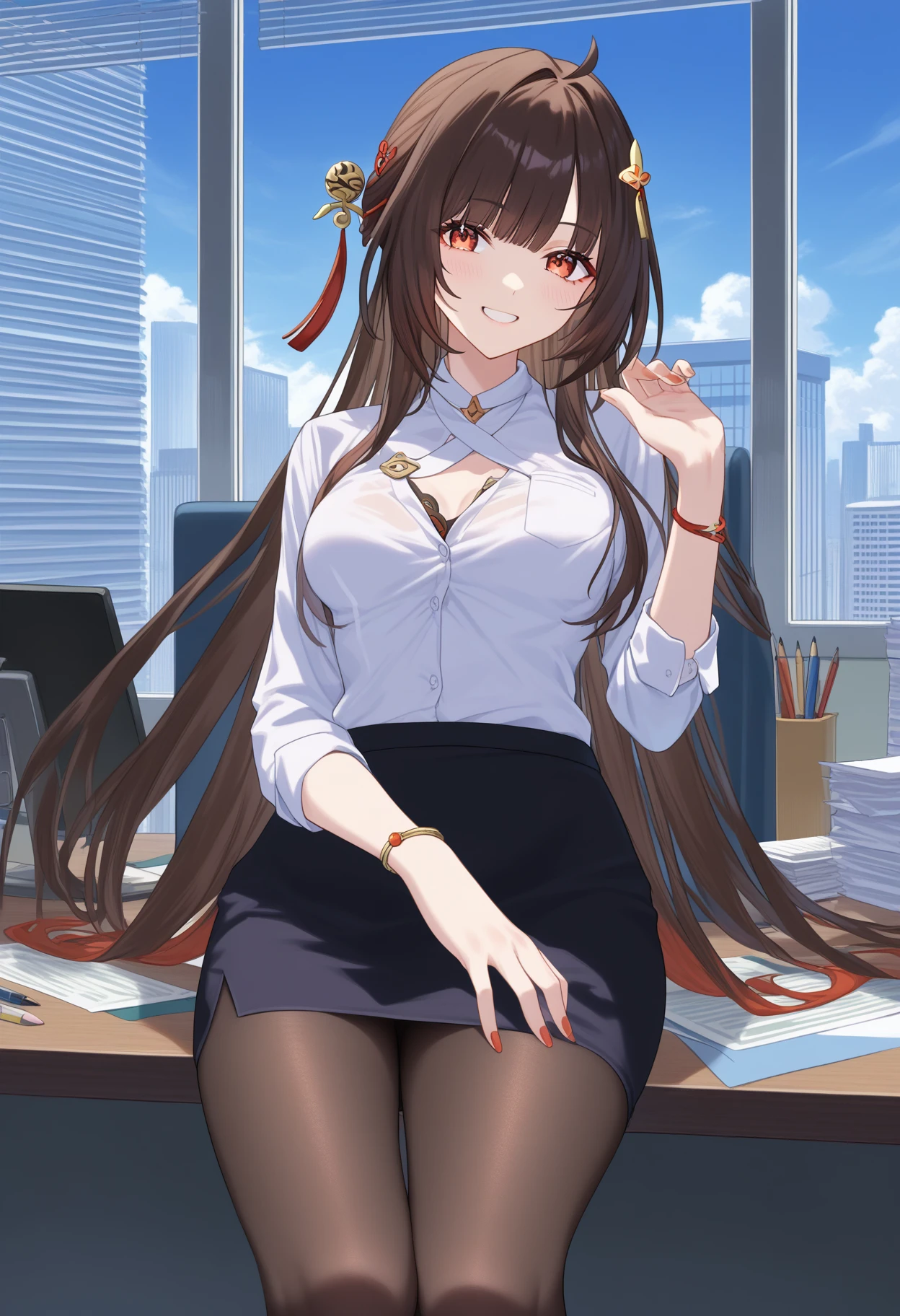 score_9, score_8_up, score_7_up, source_anime,
BREAK
1girl, solo, <lora:lingshaFinal:0.8>, shlingsha, long hair, bangs, hair ornament, breasts, jewelry,red eyes, brown hair, pantyhose, pencil skirt, white shirt, office lady,
looking at viewer, smile,