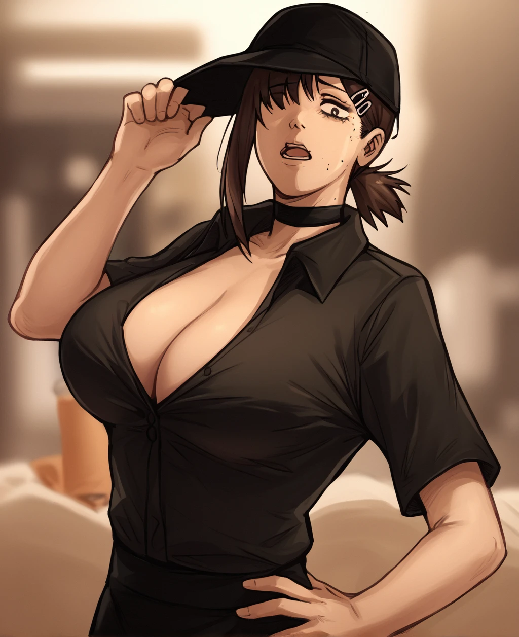 score_9, score_8_up. score_7_up, <lora:ttf:1>, ttf, uncensored,
1girl,breasts,shirt,hat,solo,black shirt,hand on hip,hair over one eye,blurry background,choker,huge breasts,blurry,open mouth,cleavage,short hair,short sleeves,black headwear,one eye covered,bangs,looking at viewer,black choker,partially unbuttoned,collared shirt,(makeup:1.2),uniform,skirt,bob cut,employee uniform,necktie,large breasts,teeth,higashiyama_kobeni,chainsaw_man,1girl,black_hair,black_eyes,<lora:kobeni-higashiyama-ponyxl-lora-nochekaiser:0.5>