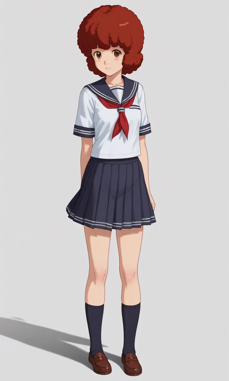 1girl, solo, Miku Ogawa, afro, red hair, hair ornament,brown eyes, school uniform, serafuku, skirt, full body, standing, front view,